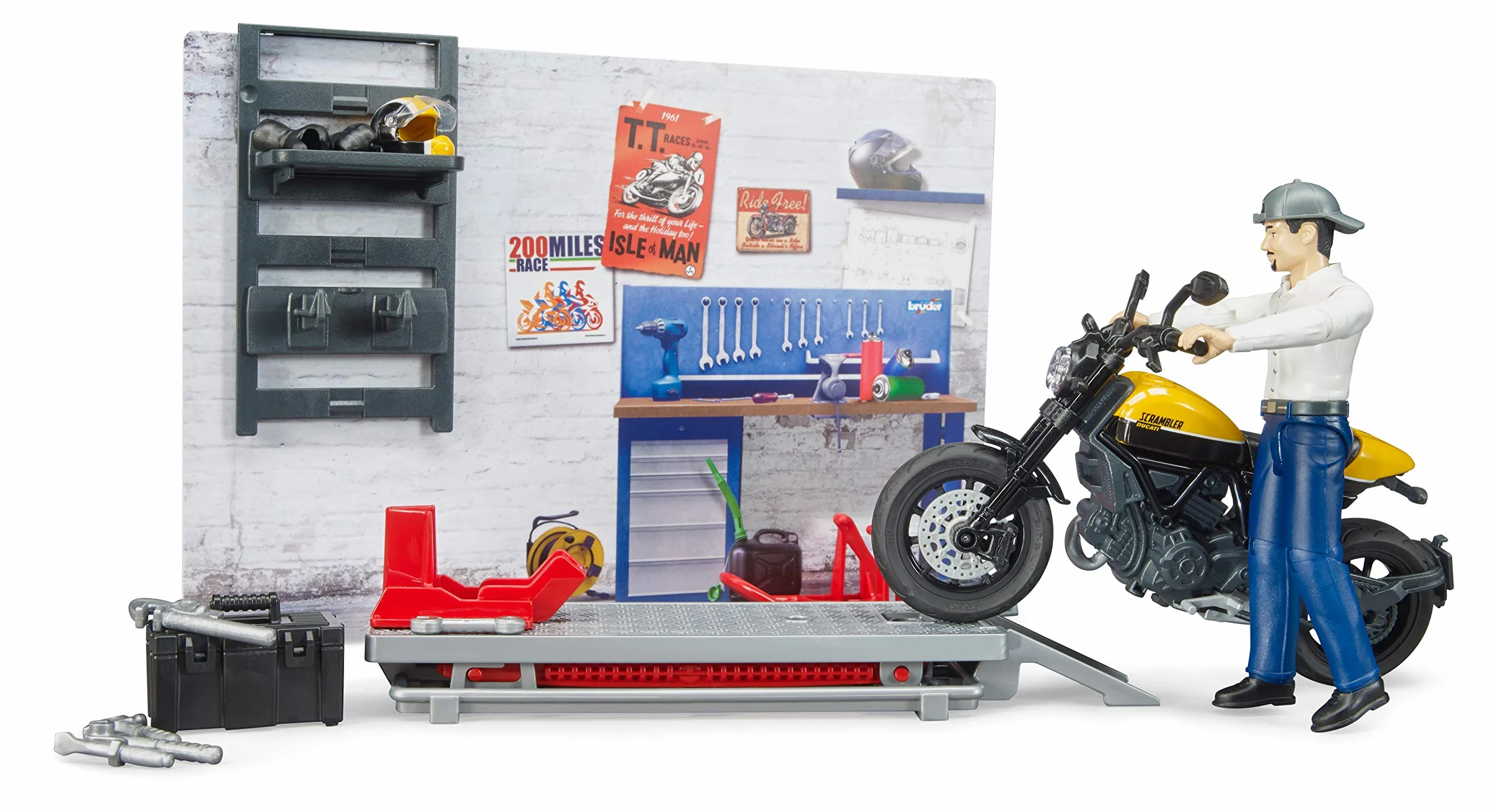 bruder 62102 - bworld warsztat motocyklowy Scrambler Ducati Full Throttle z mechanikiem, warsztat, zabawkowa figurka