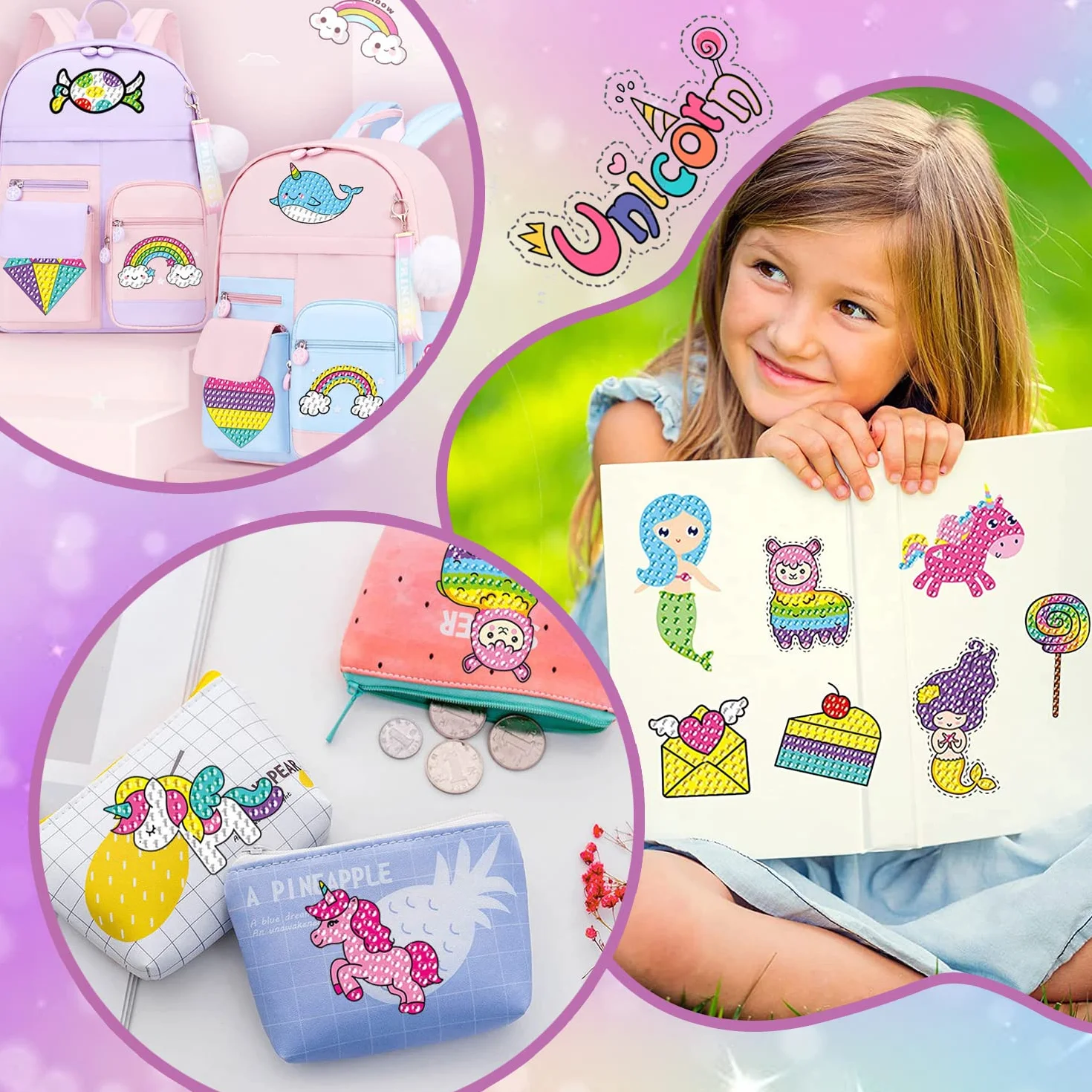 Diamentowe Naklejki do Malowania, CAYUDEN 20 szt. Jednorożec Diamond Painting Stickers Dzieci 5D DIY Diamentowe Naklejki Dzieci Dziewczyny Syrenka Zestaw do Malowania Diamentami Króliczki dla Dzieci