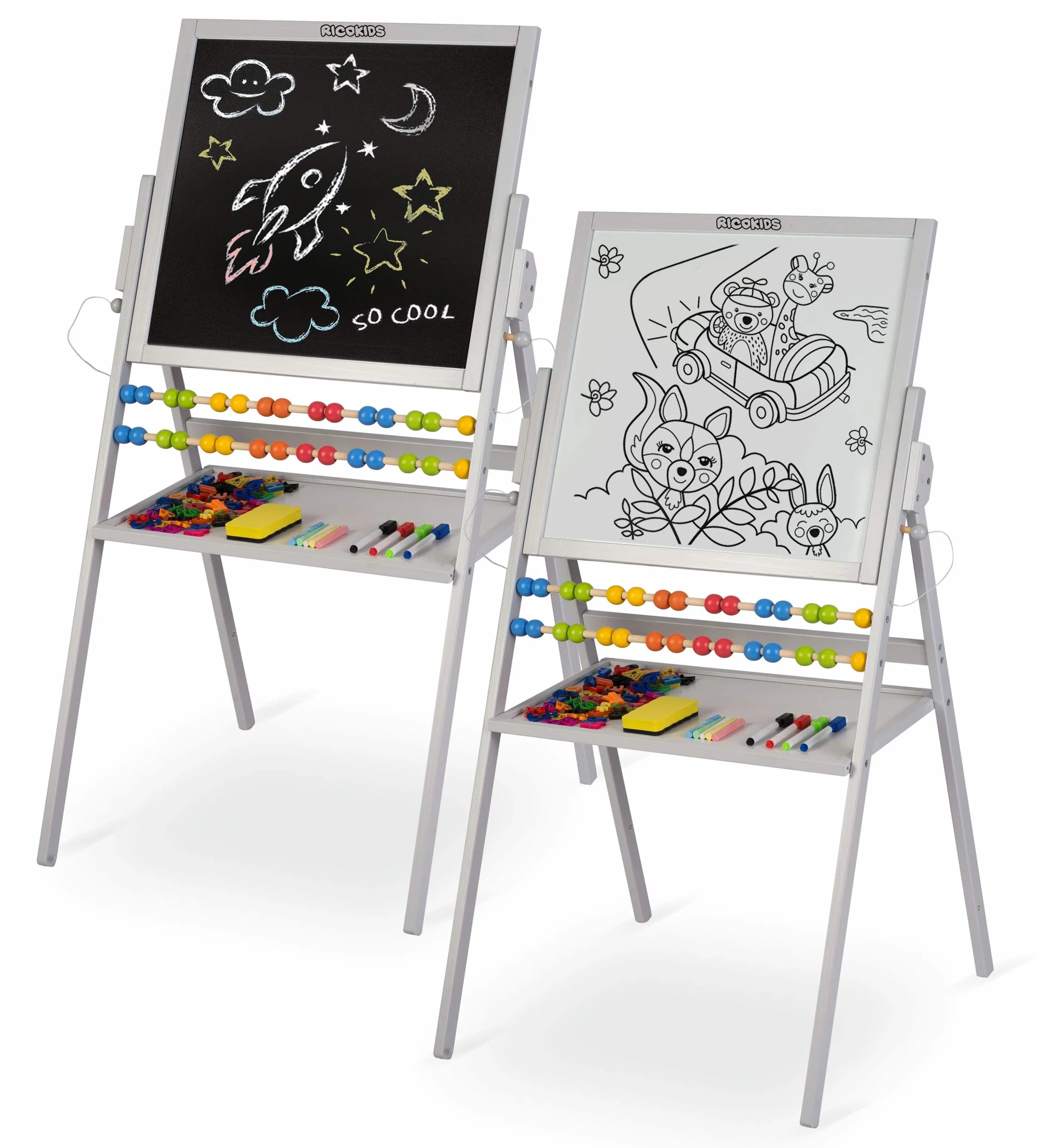 Ricokids Tablica Magnetyczna i Kredowa dla Dzieci - Tablica Dwustronna Obrotowa z Akcesoriami - Drewniana - 101 x 54 x 55 cm - Biała