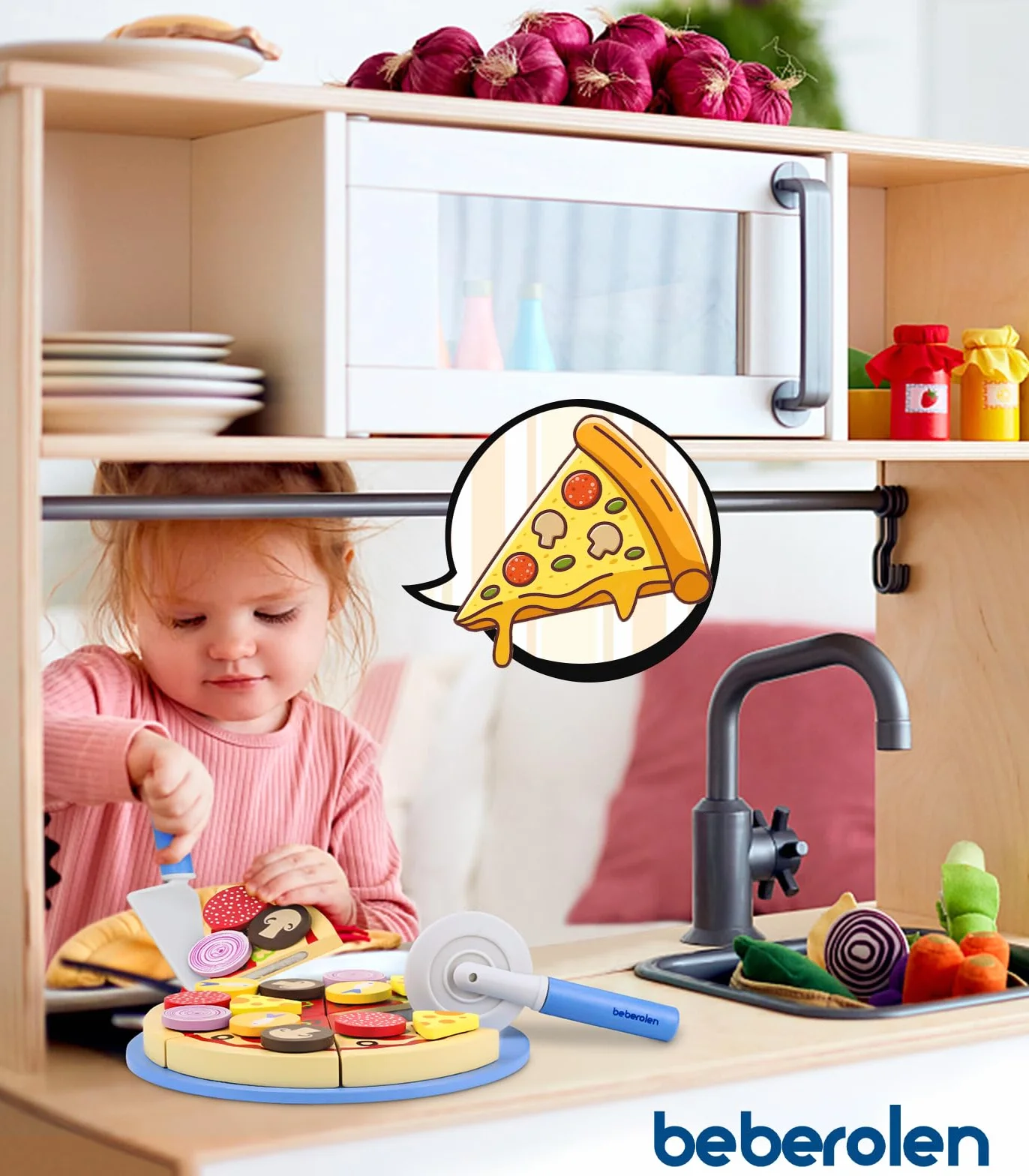 Beberolen drewniana pizza, drewniane zabawki do jedzenia, kuchnia do zabawy w krojenie jedzenia, zabawki do odgrywania ról dla dzieci w wieku 2, 3 i więcej lat, prezent dla chłopca lub dziewczynki