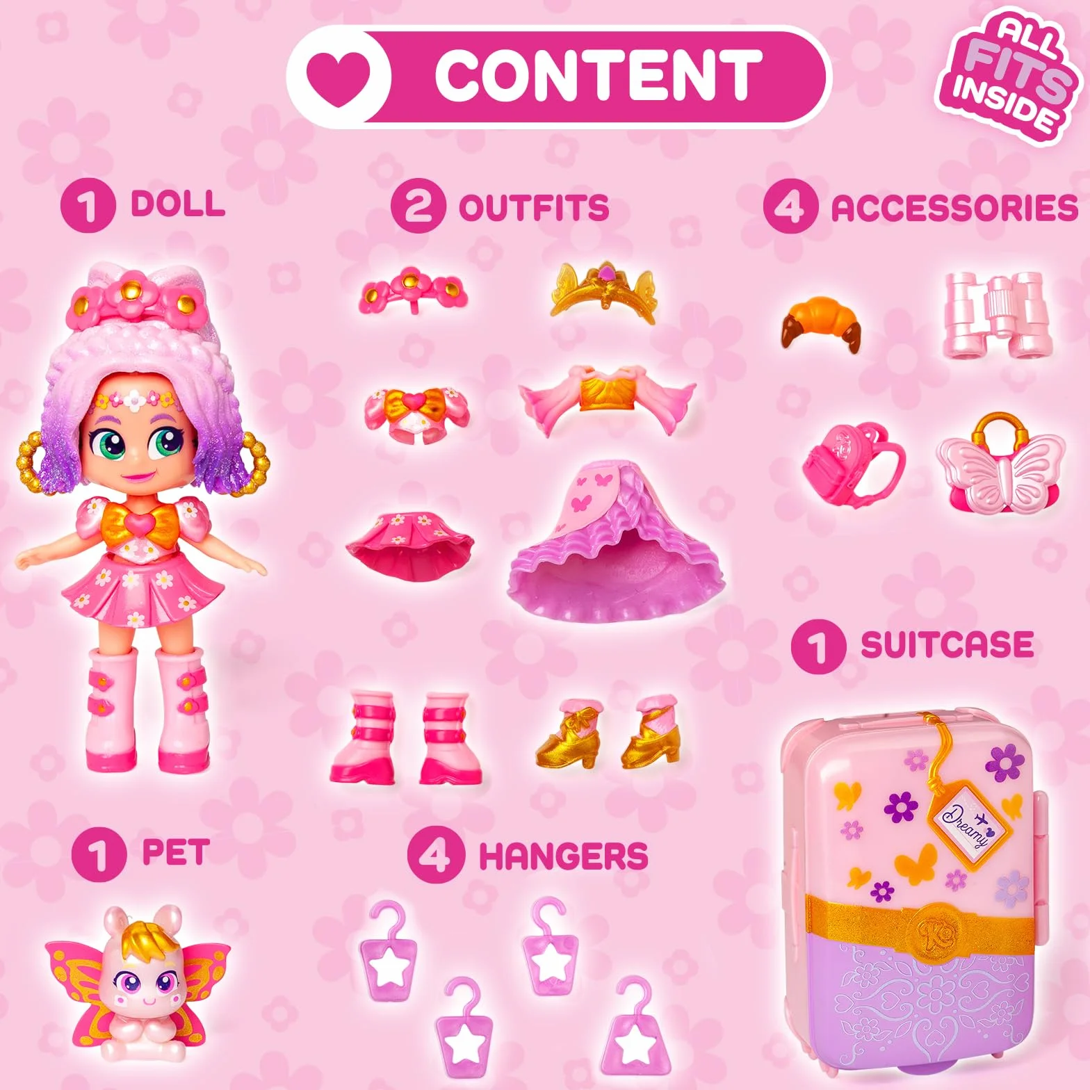 KOOKYLOOS SUITCASE DREAMY BLOSSOM – zestaw modna laleczka z walizką i akcesoriami,zawartość:1 laleczka, 2 stroje, zwierzątko, akcesoria, wieszaki oraz walizka, w której zmieścisz cały zestaw.
