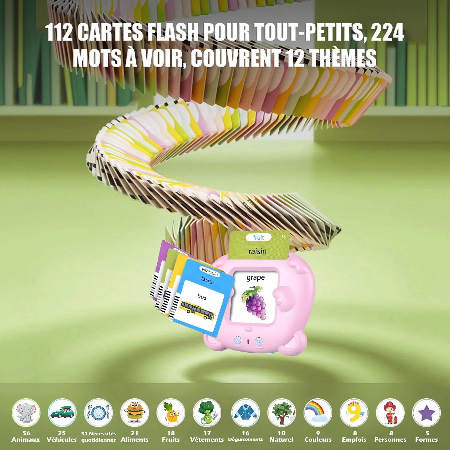 Mówiące karty flash Montessori edukacyjne dla dzieci w wieku 3 lat Rozmowa Flash Cards 112 arkuszy 224 słowa, zabawki edukacyjne do nauki mówienia, francuski/angielski/dwujęzyczny (różowy)
