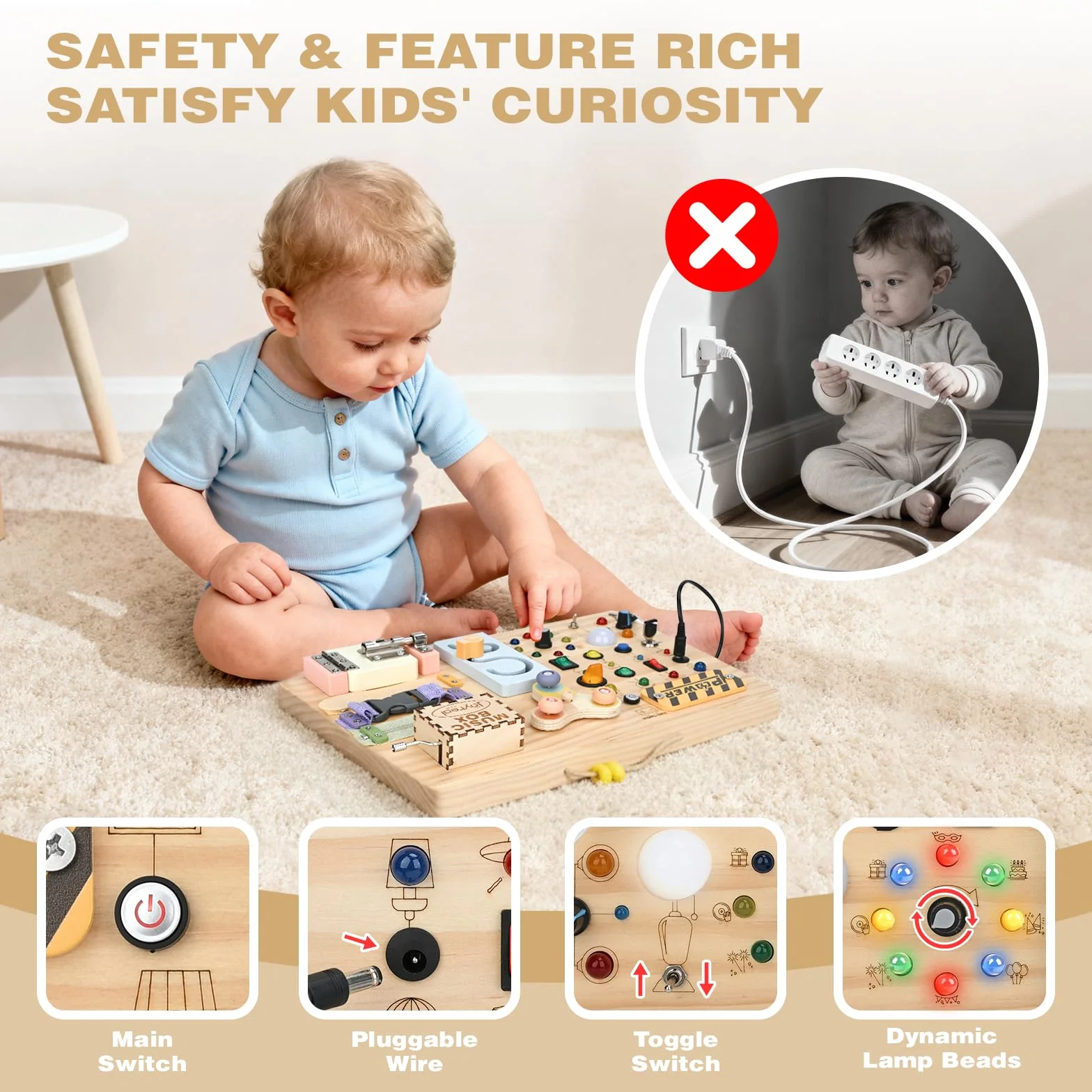 Joyreal Montessori Busy Board 2 w 1 od 1 roku życia, drewniana zabawka motoryczna, sensoryczna zabawka Montessori z 20 diodami LED, 19 motoryki, prezent dla 1, 2, 3 lat, dla chłopców i dziewczynek