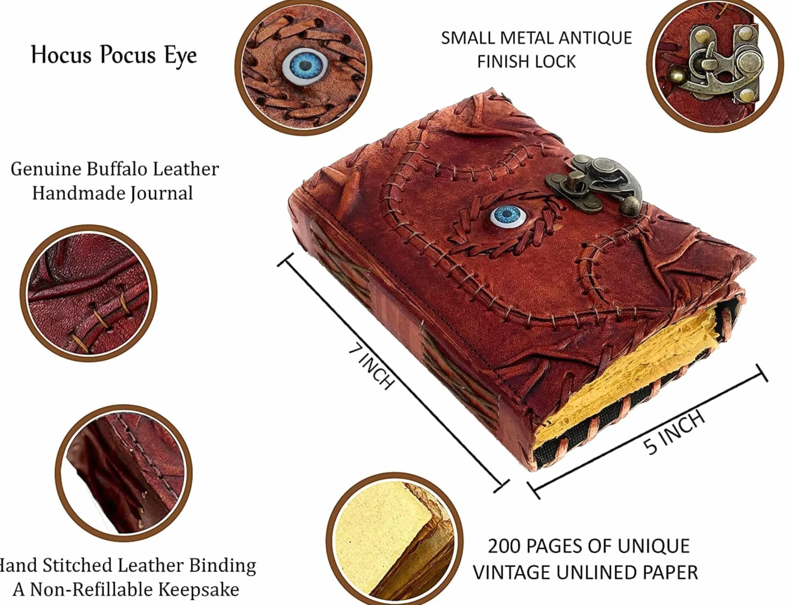 Hocus Pocus Księga Zaklęć Skórzany Dziennik Krawędź Papier Grimoire Journal Trzecie Oko Vintage Skórzany Dziennik Księga Cieni Dziennik Antyczny Zaklęcie Książka Wiedźmy Dziennik Zamek Zapięcie Notatnik 18 x 12 cm