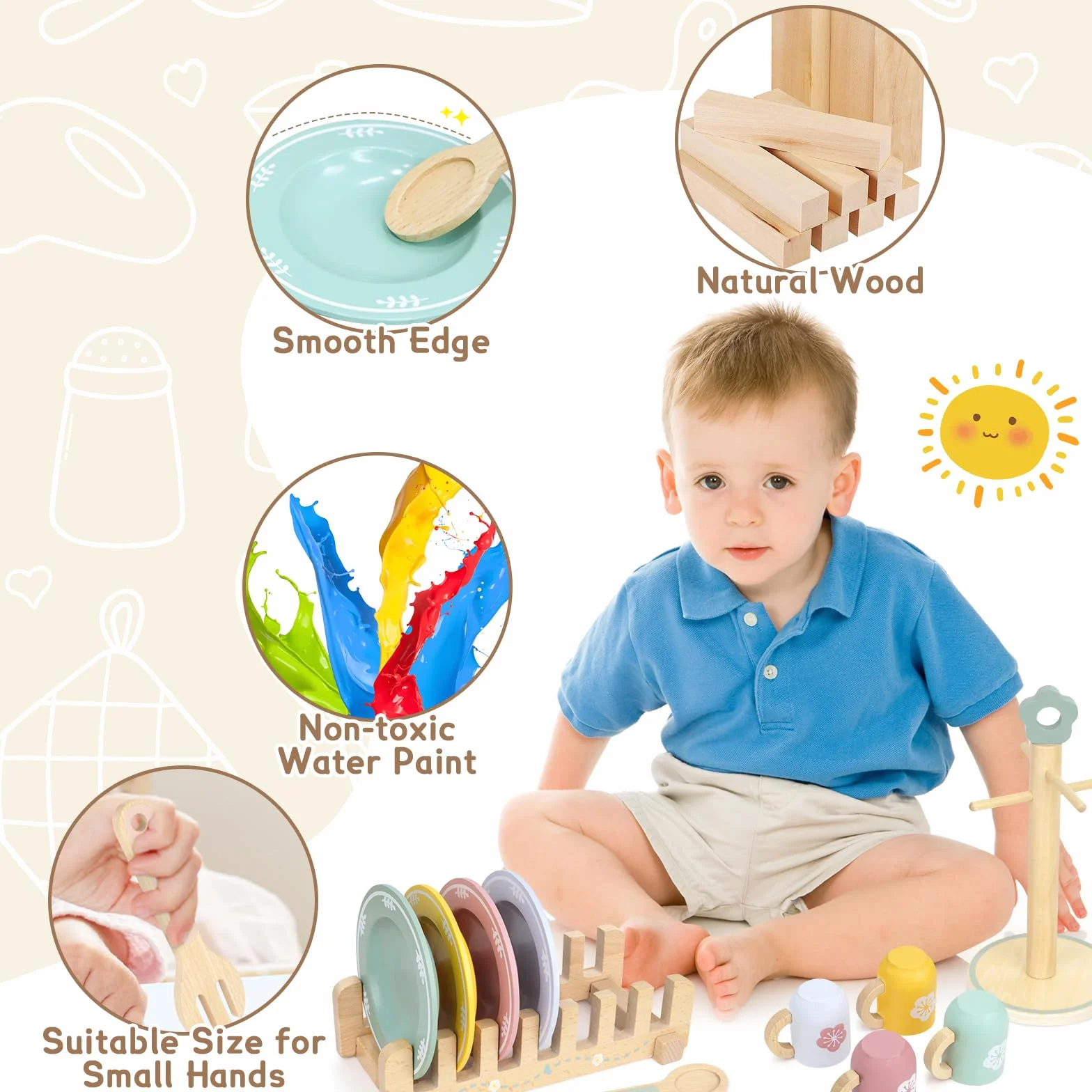 Montessori naczynia kuchenne dla dzieci, drewniane, 29 szt., filiżankami, talerzami, akcesoria kuchenne do zabawy, zastawa do herbaty, akcesoria kuchenne, prezent dla dziewcząt