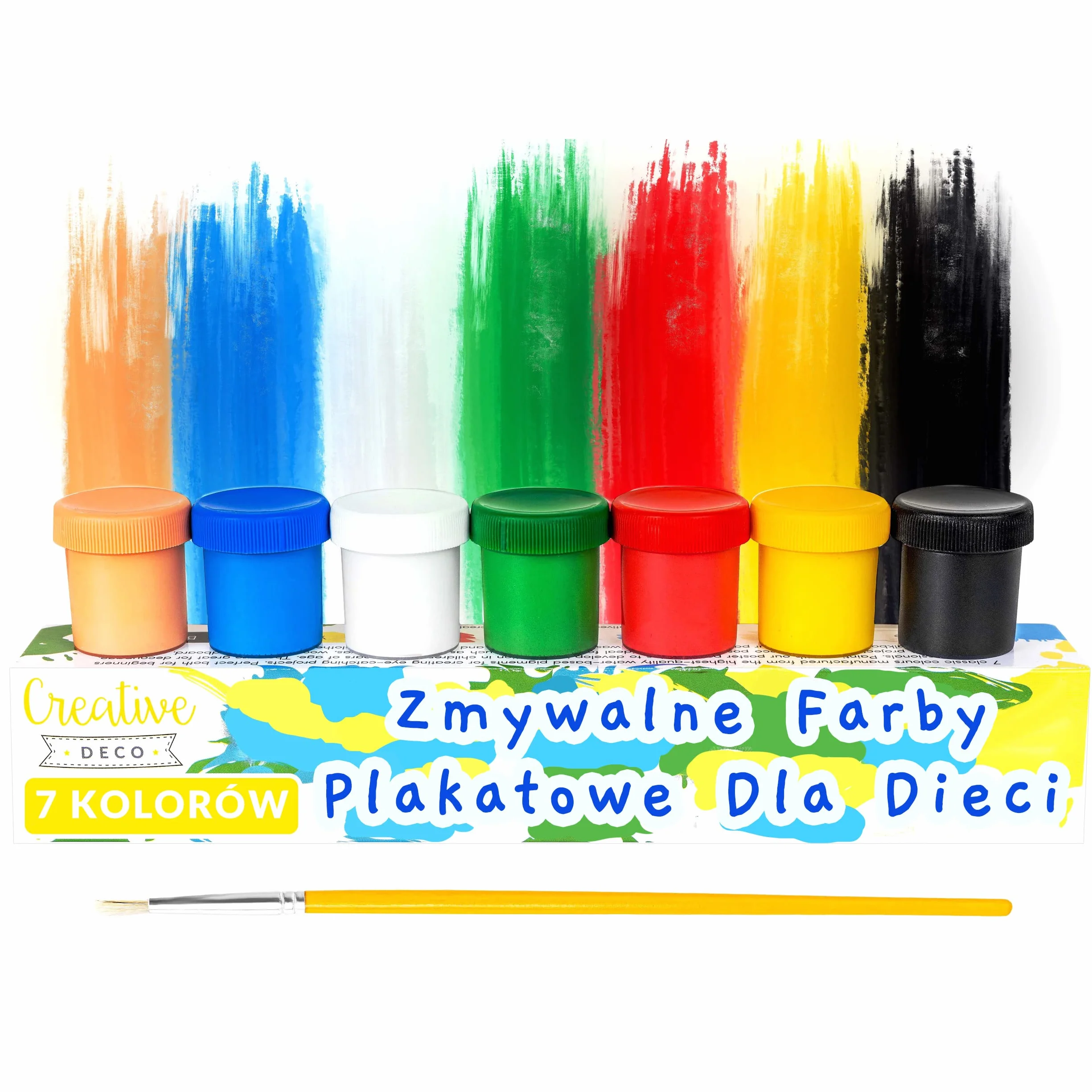 Creative Deco Zestaw Farb Plakatowych dla Dzieci | 20 ml x 6 + 1 Różnokolorowych Słoiczków | Nietoksyczne | Podstawowe Żywe i Intensywne Kolory | Idealne Dla Początkujących Dzieci Studentów i Artystów