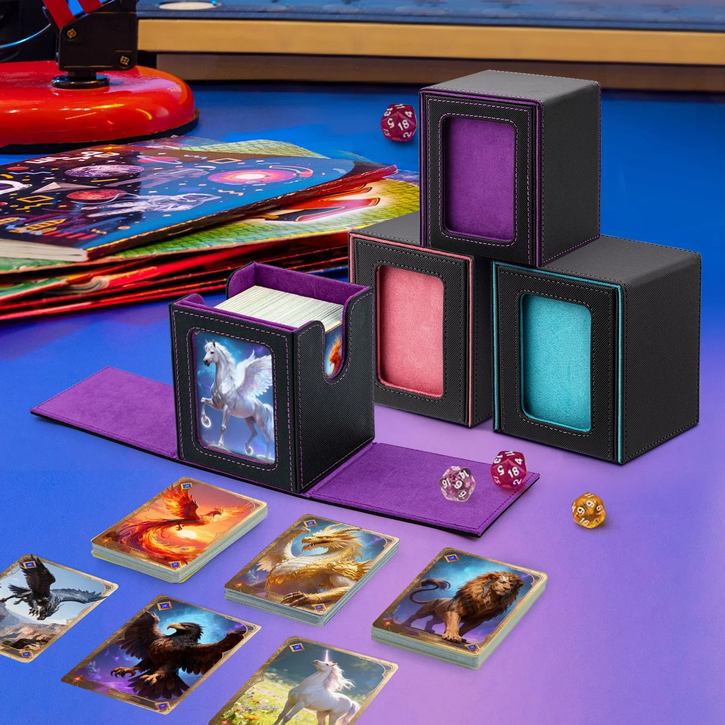 Pudełko na karty z okienkiem do MTG, Gathering, pudełko na 100+ kart, skóra PU, mocne magnetyczne karty kolekcjonerskie, kompatybilne z Magic Commander TCG Toploader (pionowe, fioletowe)