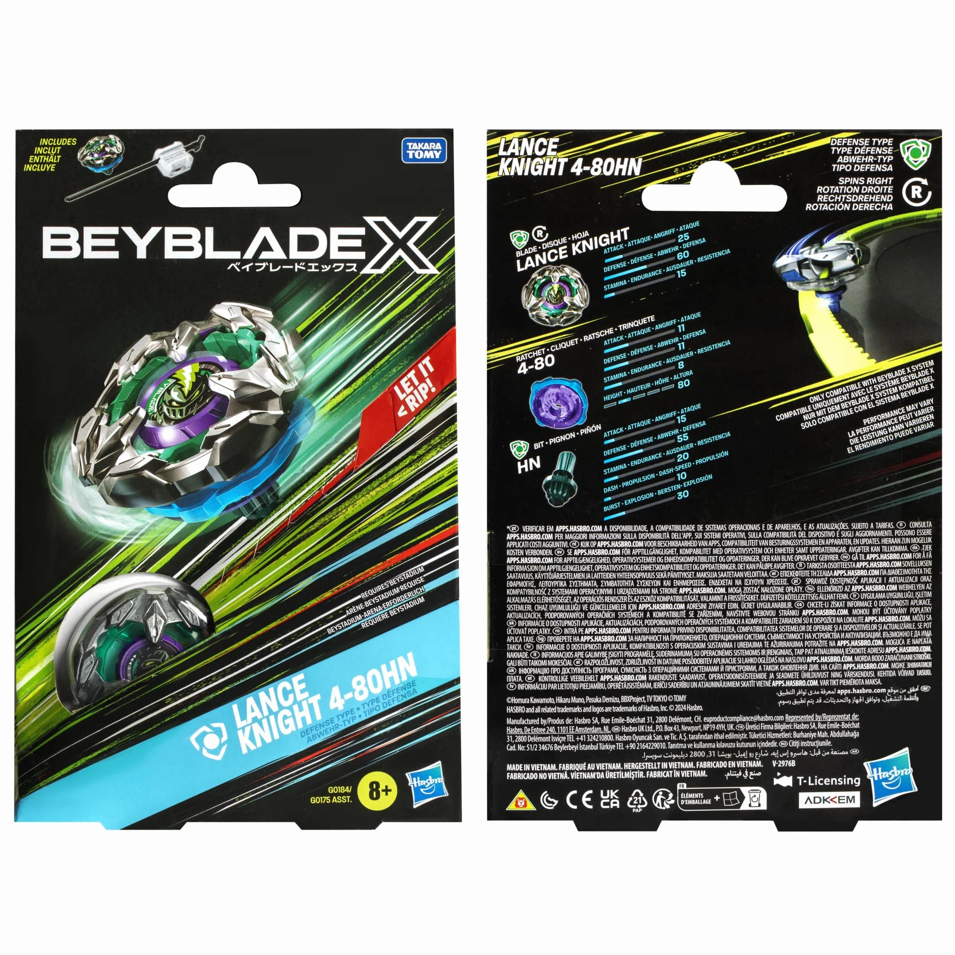 Beyblade X, zestaw startowy Lance Knight 4-80HN z topem i wyrzutnią