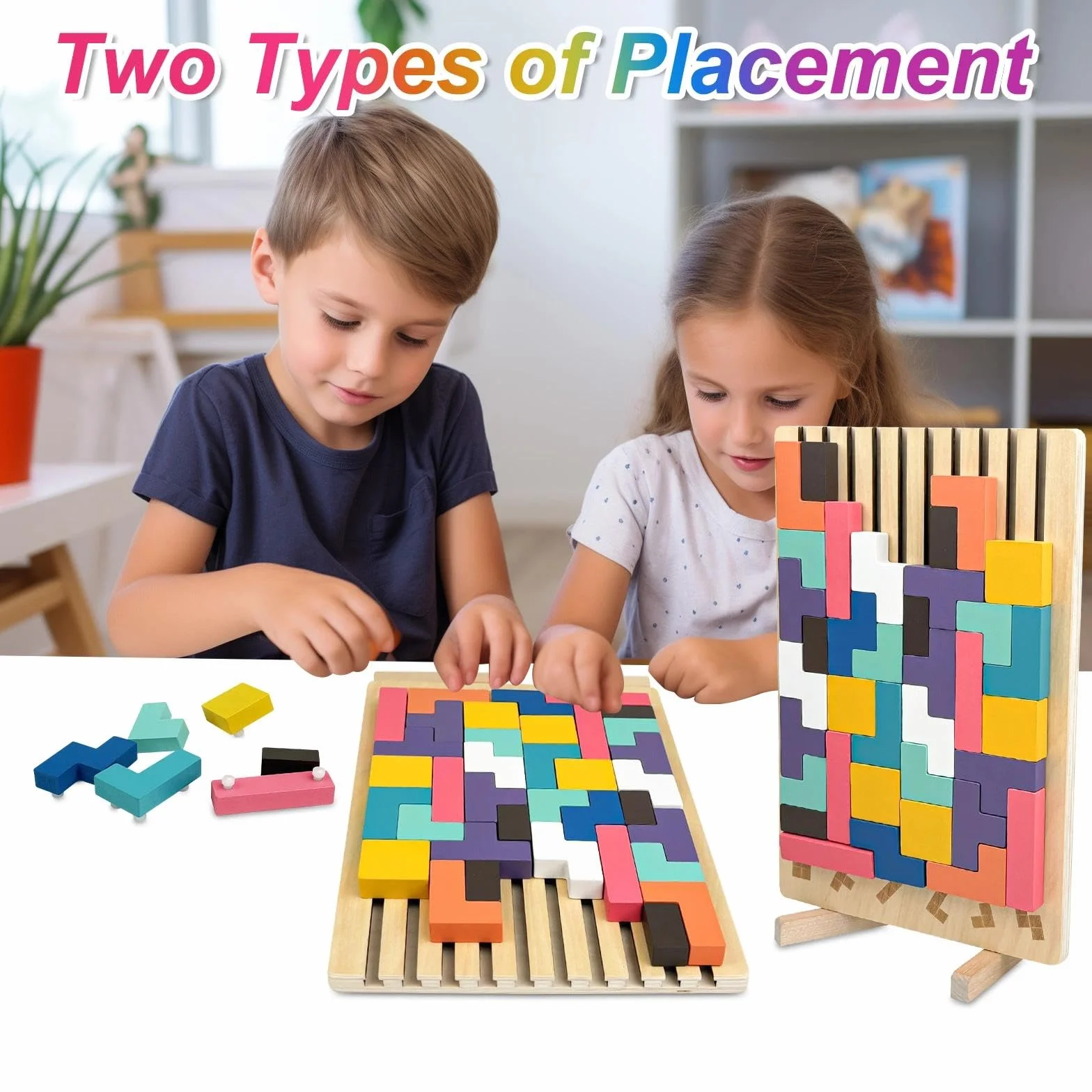 Drewniane puzzle Tetrs, geometryczne bloki