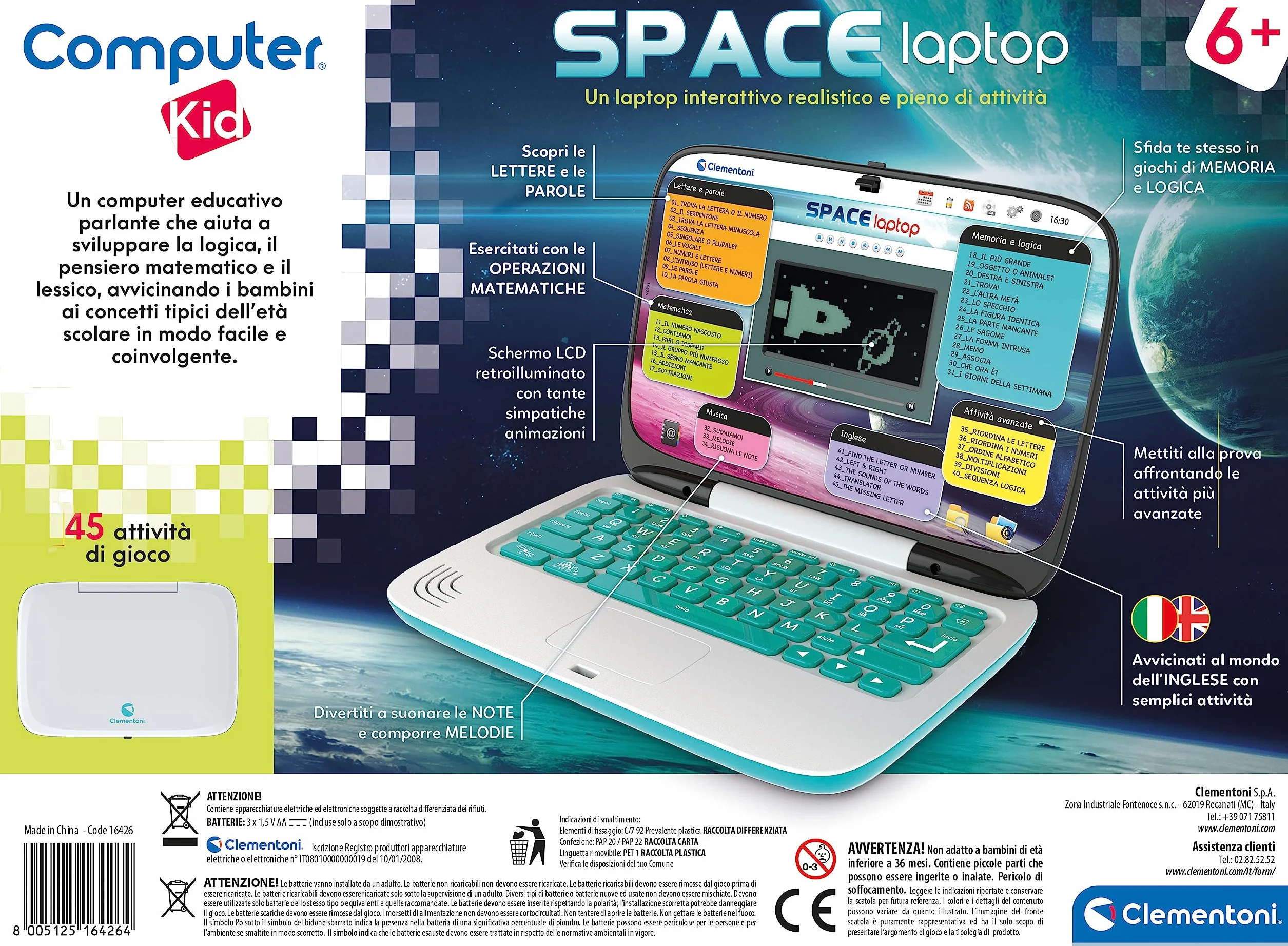 Clementoni - 16426 - Computer Kid Space Laptop - mówiąca elektroniczna gra edukacyjna, komputer dziecięcy, laptop dla dzieci 5 lat, technologia dla dzieci, przenośny, baterie w zestawie