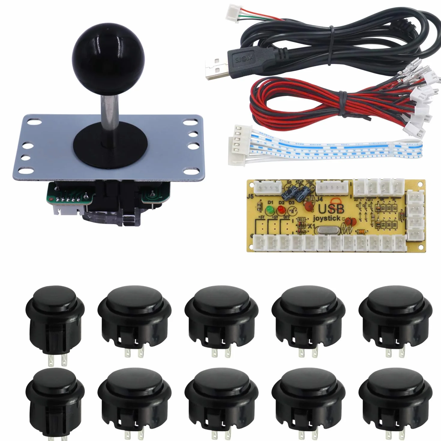 SJJX DIY Arcade Game Button and Joystick Controller Kit for Rapsberry Pi and Windows,5 Pin Joystick and 10 Push Buttons 822a Black