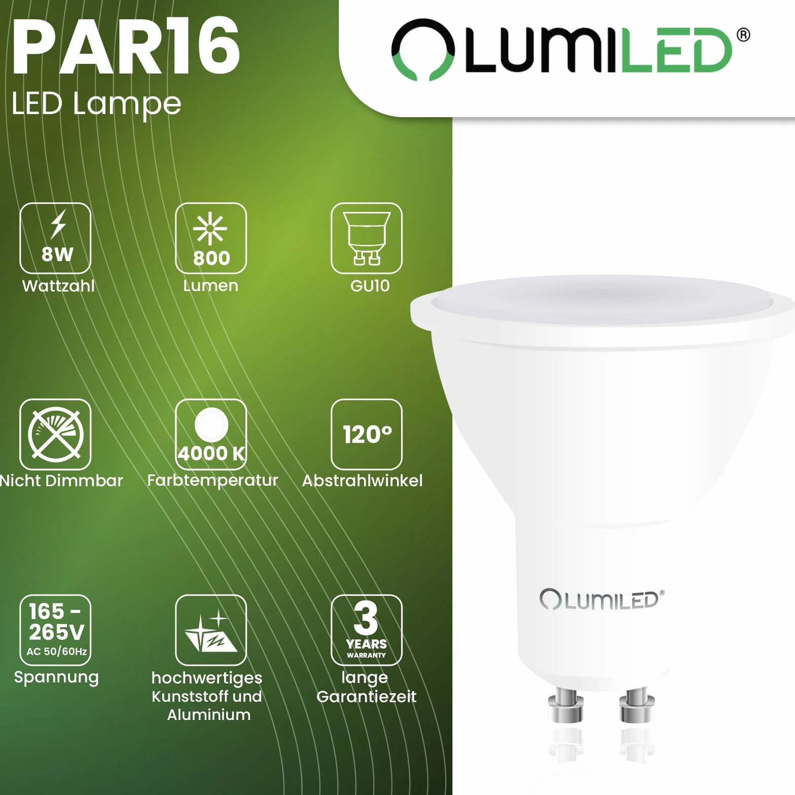 Lumiled LED GU10 PAR16 8W zastępuje 75W 800lm 4000K Neutralna Biel 120° Nieściemnialna Zestaw 10 sztuk Energooszczędne Żarówki Reflektorowe do Kuchni, Salonu, Biura, Korytarza
