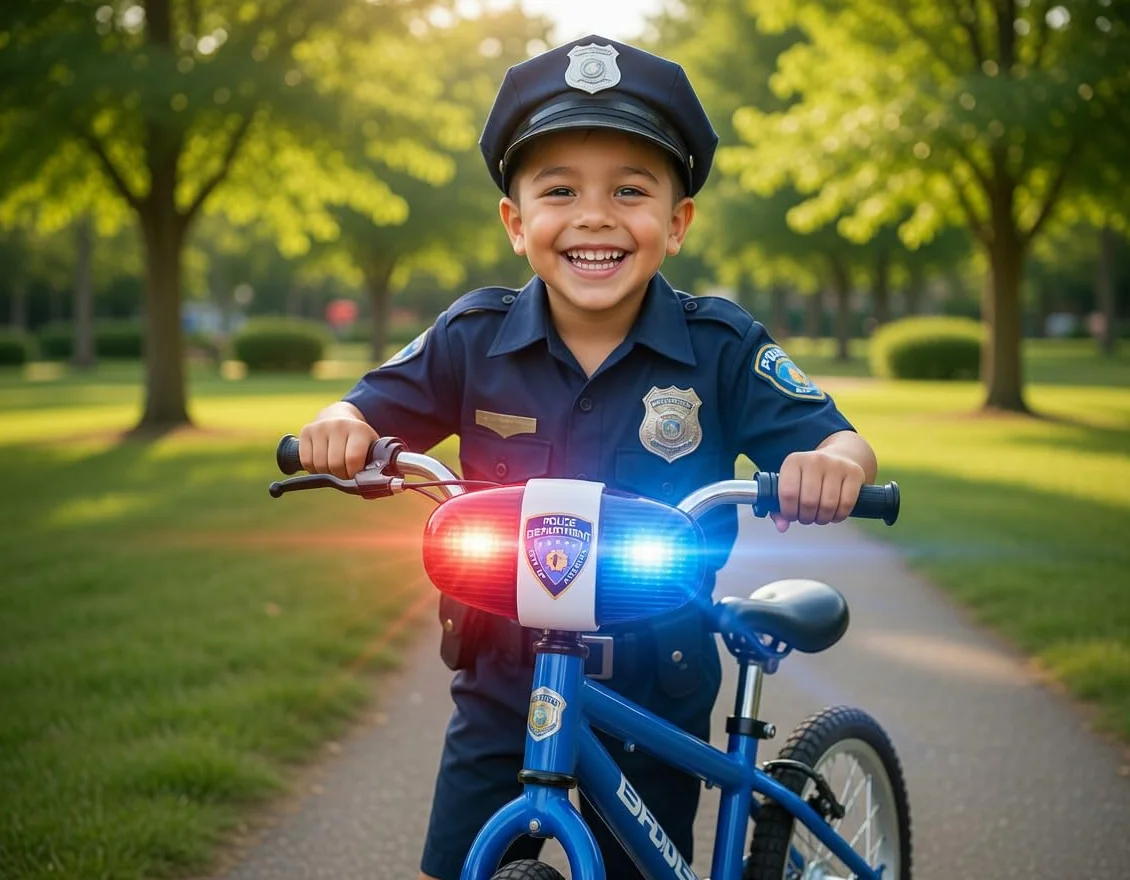 Kids Bike Tech światło LED - Police Dźwięk Światło Elektroniczny Horn - Bicycle Syrena, 5 LED 4 Dźwięki trąbki światło