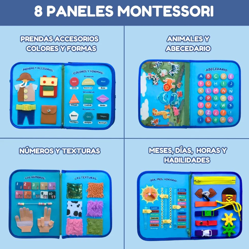 Busy Board Montessori - Edukacyjna i sensoryczna zabawka dla dzieci - po hiszpańsku - Idealna do rozwoju małej motoryki i nauki - 2 3 4 lata - Interaktywna książka - Zabawki dla dzieci - Prezent
