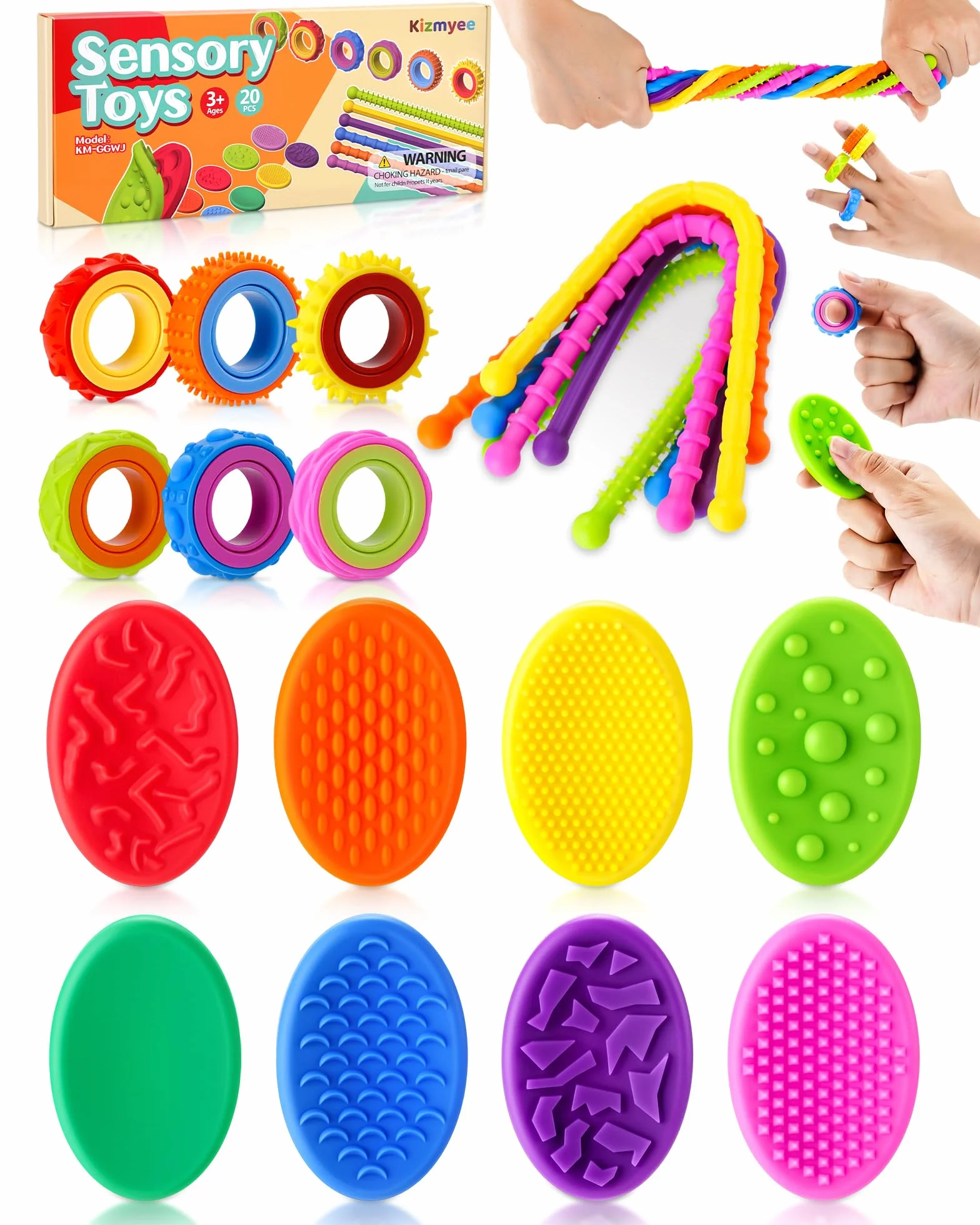 Kizmyee 20-częściowy zestaw zabawek fidget, zabawki stresowe dla dzieci i dorosłych, zabawki sensoryczne na stres, stany lękowe, ADHD i autyzm, upominki na przyjęcia urodzinowe dla dzieci