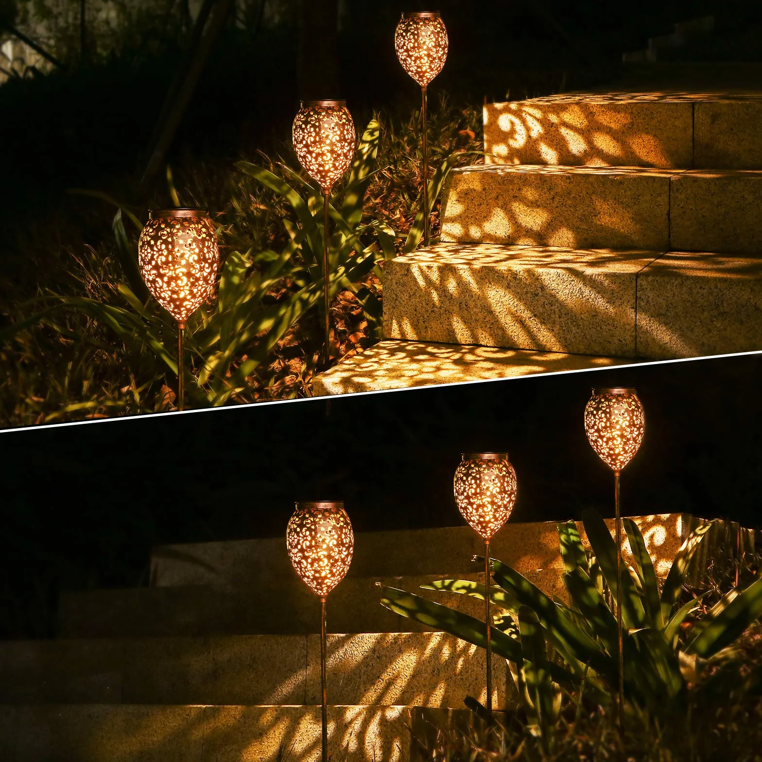 JOYCREATOR Zestaw metalowych lamp solarnych 2 sztuki do ogrodu na zewnątrz z wodoodpornością IP65, ciepła biel, orientalne lampy solarne LED na balkon, patio, dekoracja na Boże Narodzenie