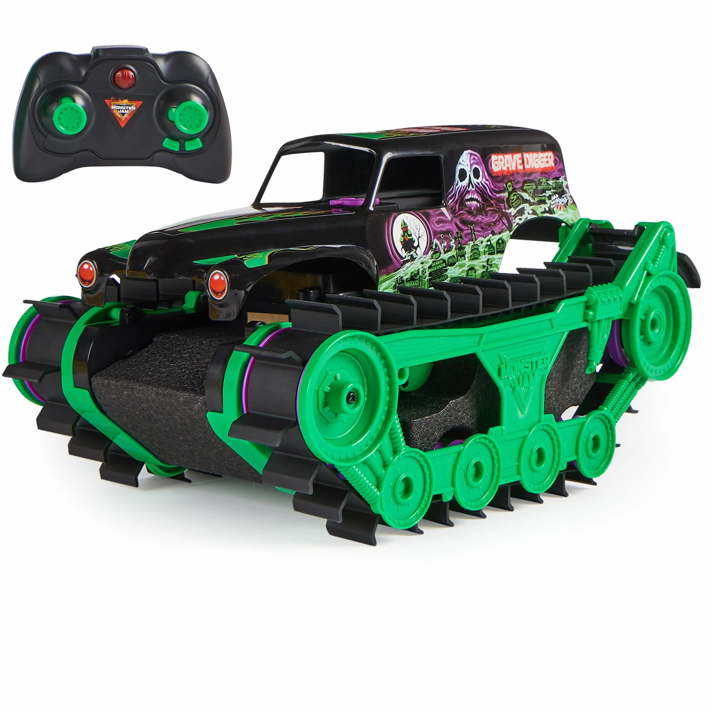 Monster Jam, Grave Digger Trax – bardzo mocny, zdalnie sterowany pojazd łańcuchowy Monster Jam w skali 1:15, do terenu terenowego na lądzie i w wodzie – odpowiedni dla chłopców i dziewczynek od 4 lat