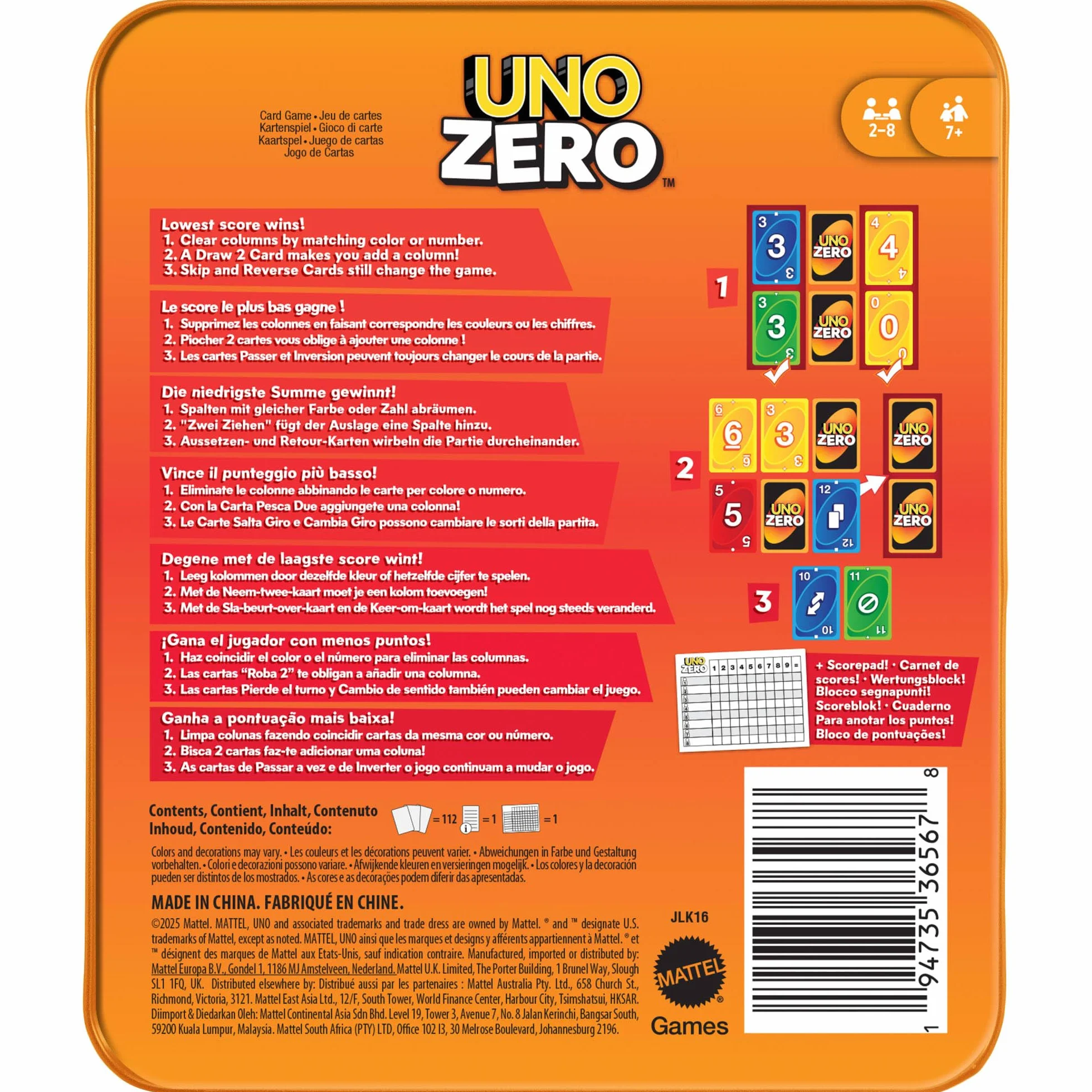 Mattel UNO Zero Gra karciana na wieczór gier dla dzieci, dorosłych i rodzin; karty do gry, talia i notes do obliczania wyników, od 2 do 8 graczy od 7 roku życia, JLK16