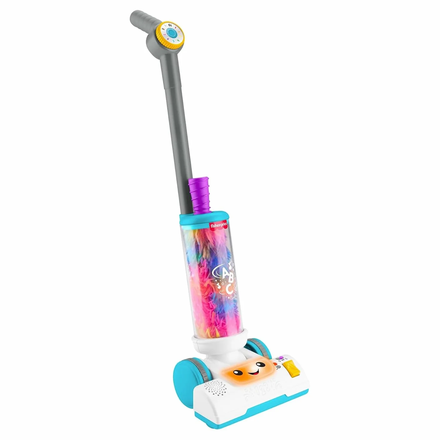 Fisher-Price Odkurzacz i miotełka 2 w 1, zestaw zabawkowy z 45 piosenkami, światłami i dźwiękami, wprowadzającymi alfabet i cyfry, wersja włoska +ES+in+PT, 2 lata, JMM34