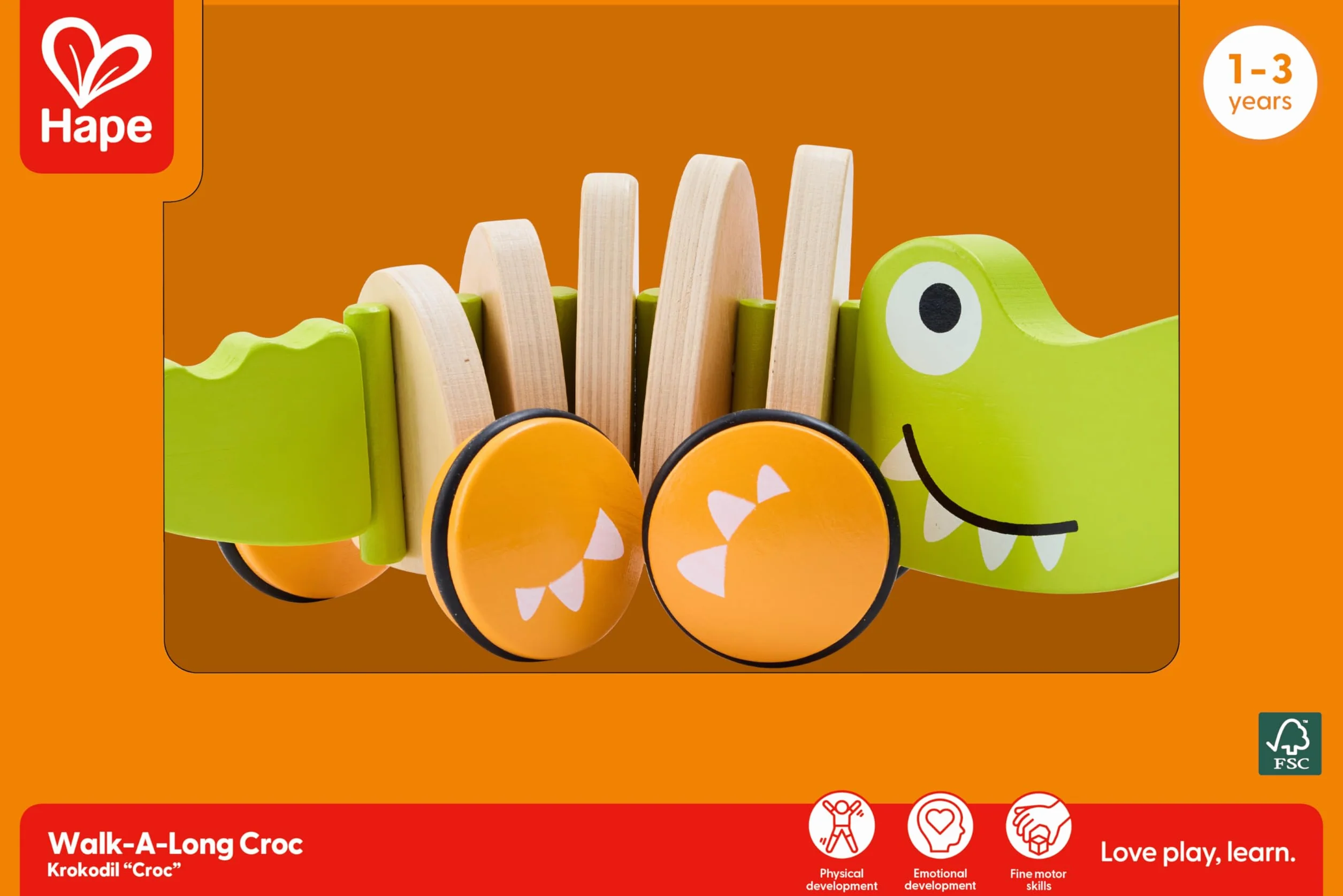 Hape E0348 Walk-A-Long Croc - Pull Along Wooden Crocodile Toy