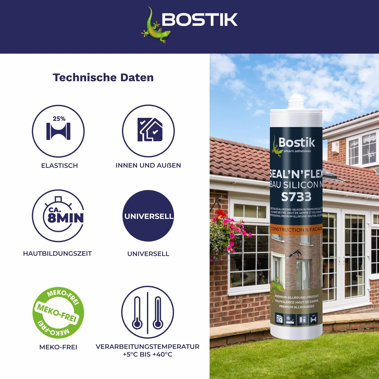 BOSTIK S733 Seal´n´Flex Bau Silicon Manhattan – neutralny uniwersalny silikon, odporny na pleśń, trwale elastyczny, nadaje się do stosowania wewnątrz i na zewnątrz, 300 ml