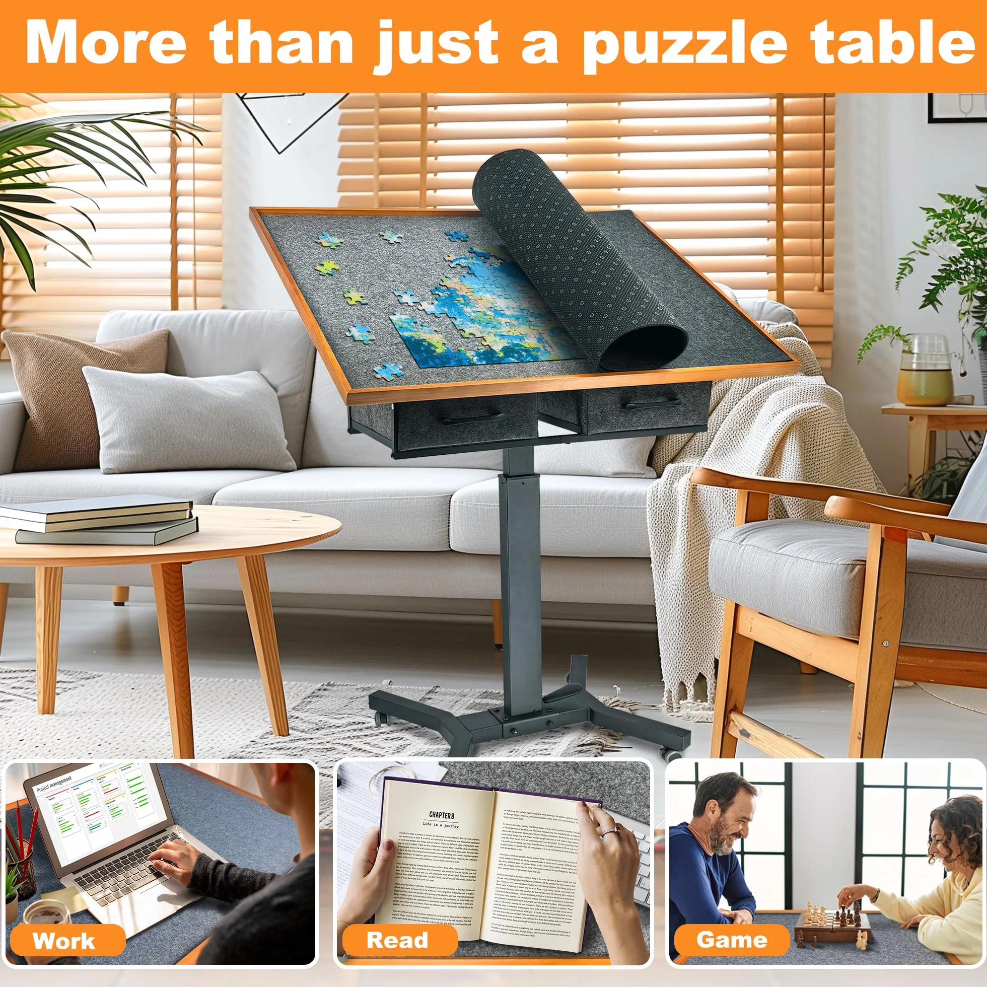FATIVO Stół do puzzli, 1500 elementów, z regulacją wysokości na kółkach, 70 x 90 cm, z 2 szufladami z materiału, mobilna deska puzzli 74-98 cm, dla dorosłych, regulowany kąt, kolor czarny, brązowy