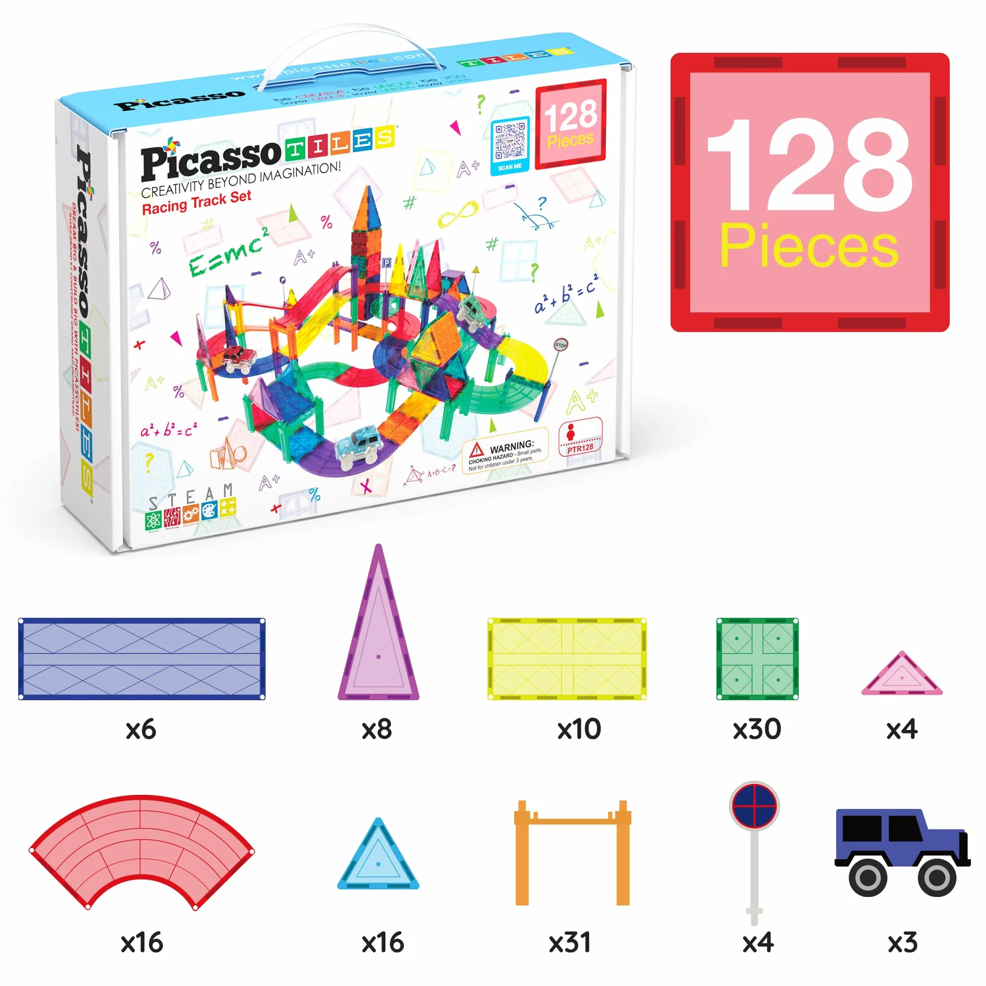PicassoTiles Zestaw 128 magnetycznych zabawek wyścigowych dla dzieci, w zestawie 3 diody LED, do wyścigów wyścigowych, w wieku 3 lat