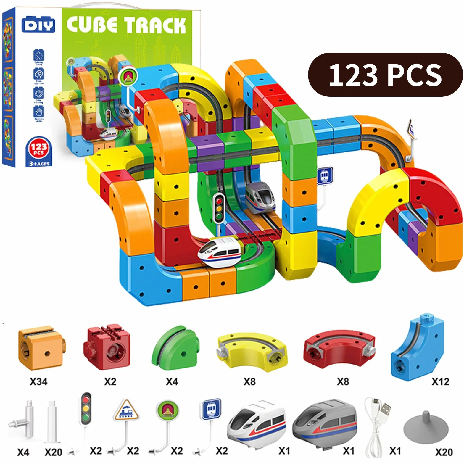 Clickrail Zestaw Elektrycznej Kolejki, Cubix 3D, Klickrail Cube Track Trasami 3D opartymi na grawitacji, Klocki Magiczne i Zasilany Pociąg, Elektryczna Kolejka dla Dzieci, Idealny Prezent (123 Sztuk)