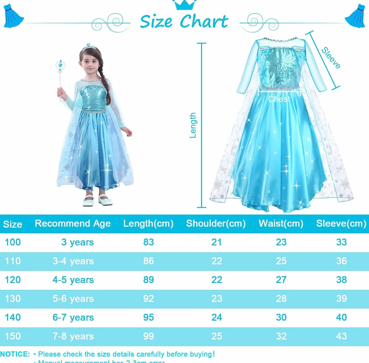 URAQT Kostium Elsa, Kostium Księżniczka Dziewczyna z akcesoriami do Cosplay, Księżniczka Elsa z błyszczącym płaszczem płatków śniegu, Kostium Dziewczyna na Halloween Cosplay Urodziny Karnawał, 120cm