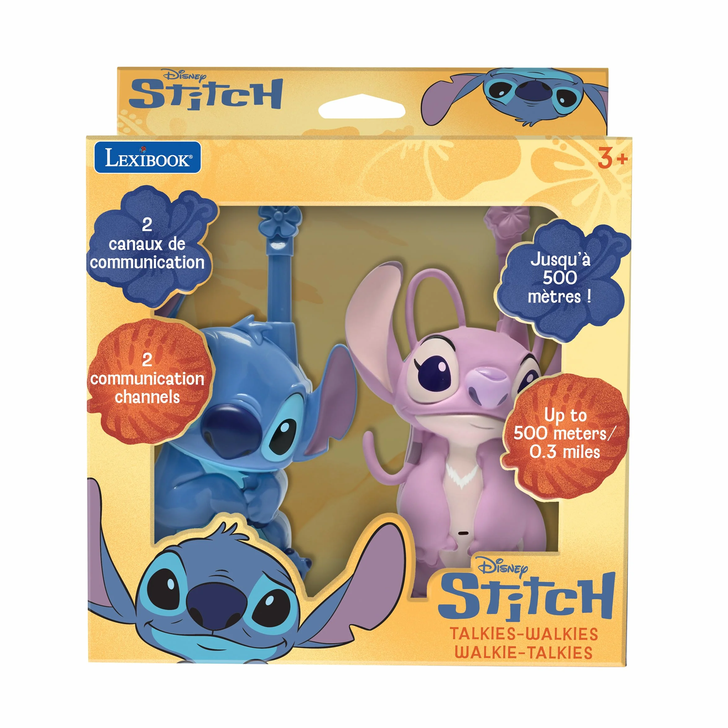 Lexibook, Disney Stitch, krótkofalówki 3D Stitch i Angel, zasięg 500 m, 2 kanały komunikacji, klips do paska, niebieskie/różowe, TW18D1