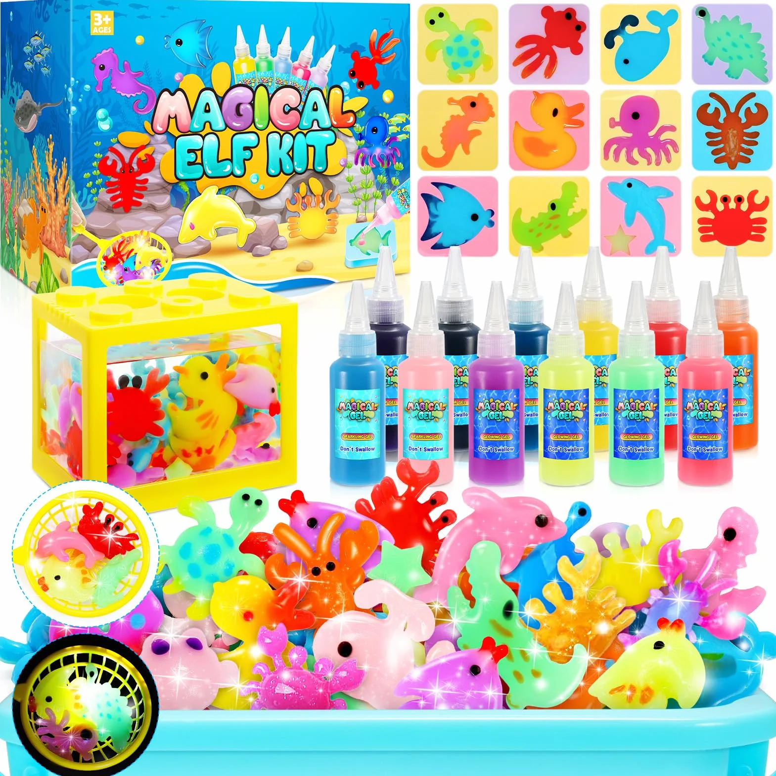Magical Water Elf Kit – zestaw żelu wodnego dla dzieci, 10 kolorów, wodny żel wróżkowy, z 12 formami zwierząt morskich, zestaw do przygotowywania dla dzieci w wieku 4, 5, 6, 7, 8 lat, 4 różne żele)