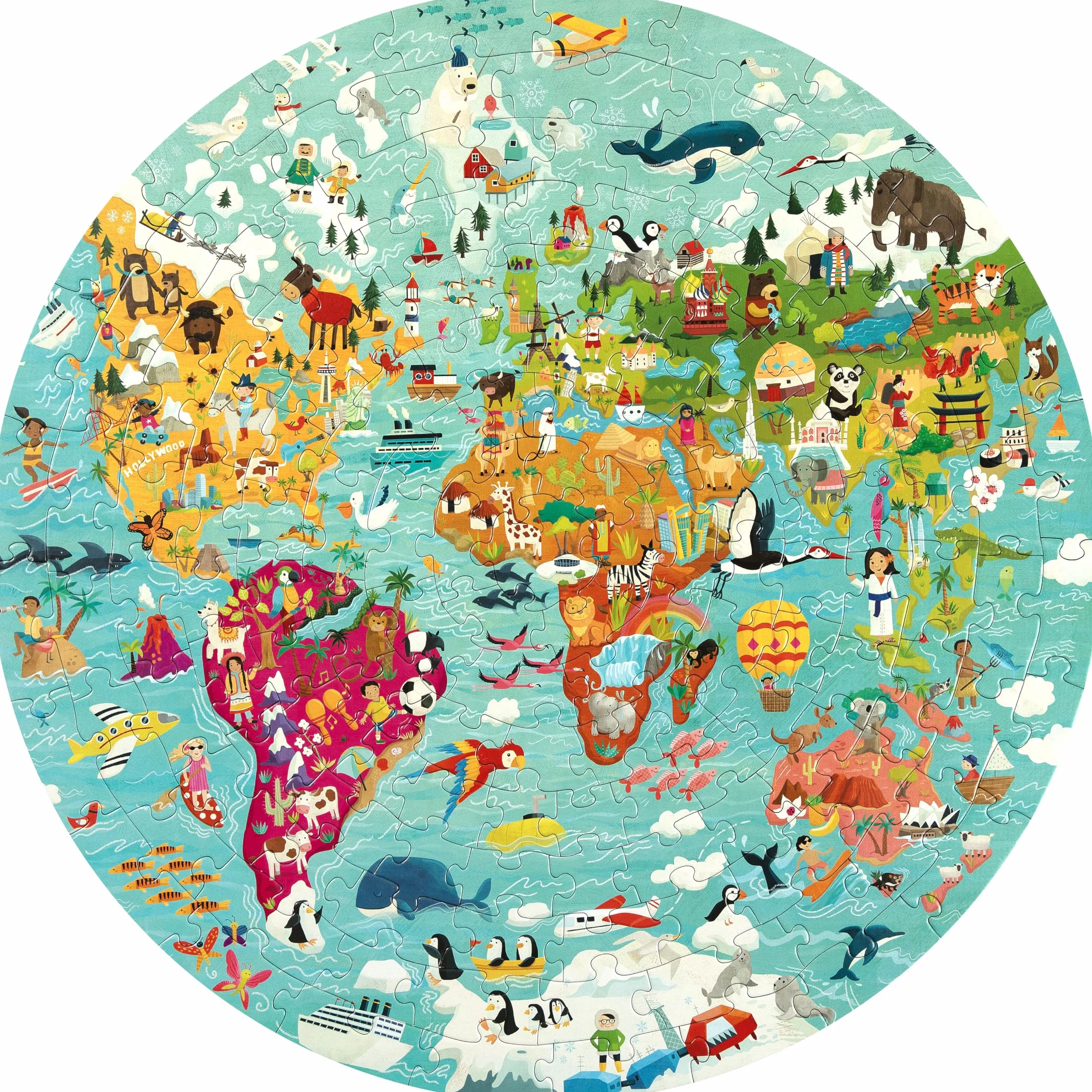 Mapa świata puzzle dla dzieci puzzle w wieku 5-8 lat - 150 sztuk zwierząt świata układanka ze 100% pochodzących z recyklingu - okrągłe wyrzynarki dla dzieci w wieku 5 lat od boppi