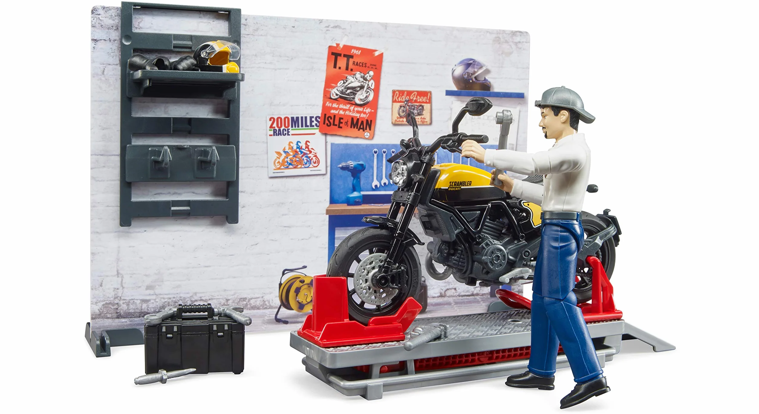 bruder 62102 - bworld warsztat motocyklowy Scrambler Ducati Full Throttle z mechanikiem, warsztat, zabawkowa figurka