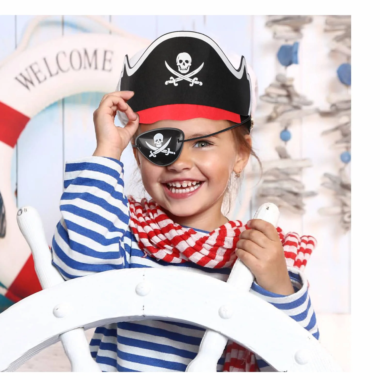 29 sztuk akcesoria do kostiumów piratów, kapeluszy, naszywki, motyw pirackiego oka kompasu, naszyjnika, monety, mapa, kostium kapitana pirata, na karnawał dla chłopców, dziewcząt
