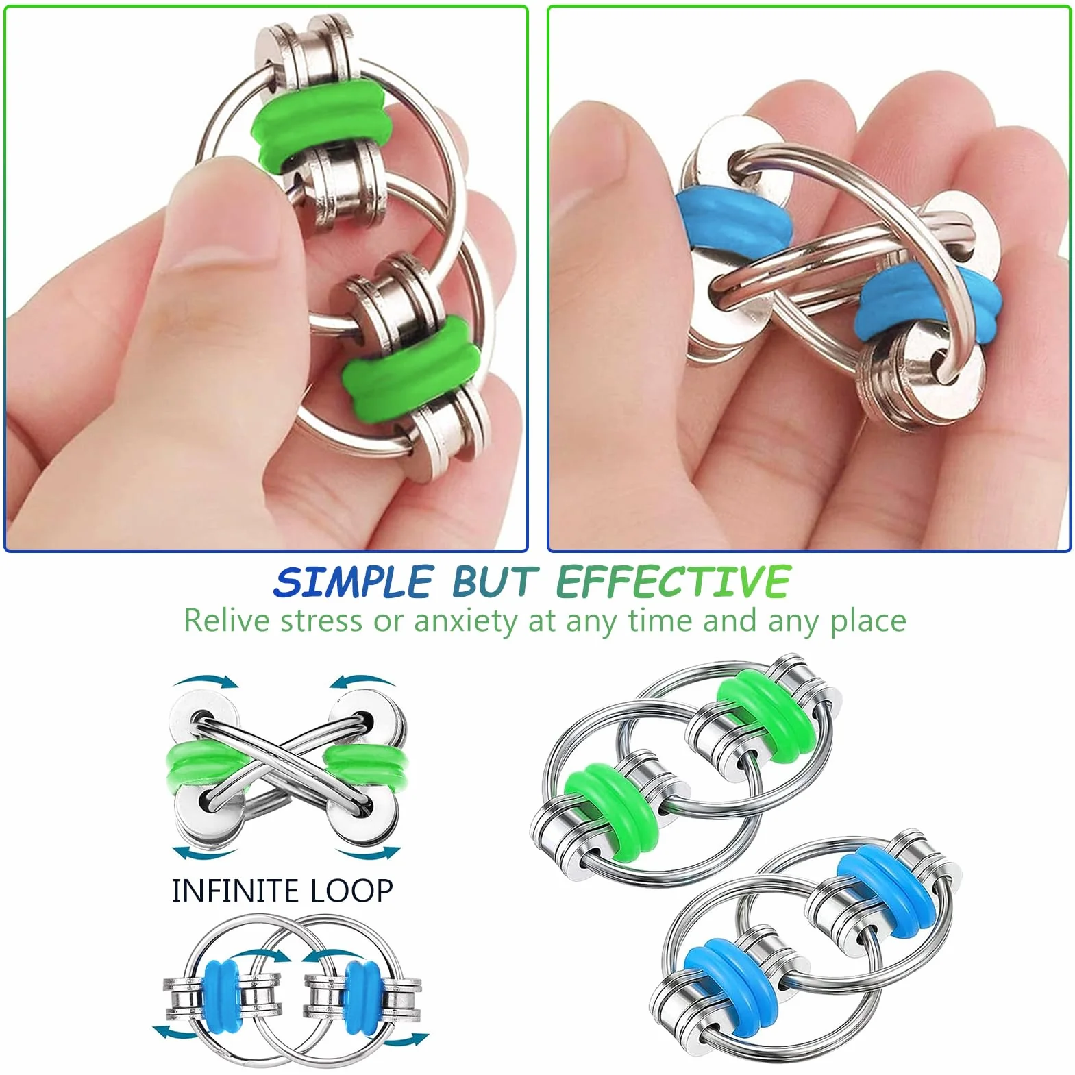 8-częściowy zestaw zabawek fidget, zabawka antystresowa, pierścień akupresury, łańcuszki do kluczy, łańcuszki rolkowe, zabawka antystresowa na palec dla dorosłych i dzieci