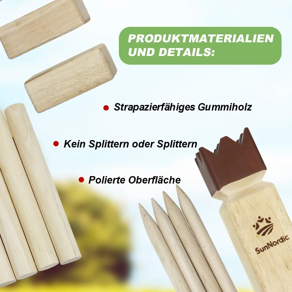 SunNordic Kubb gra rzucania Wikingów, szwedzka gra szachowa z drewna gumowego, torba i instrukcja