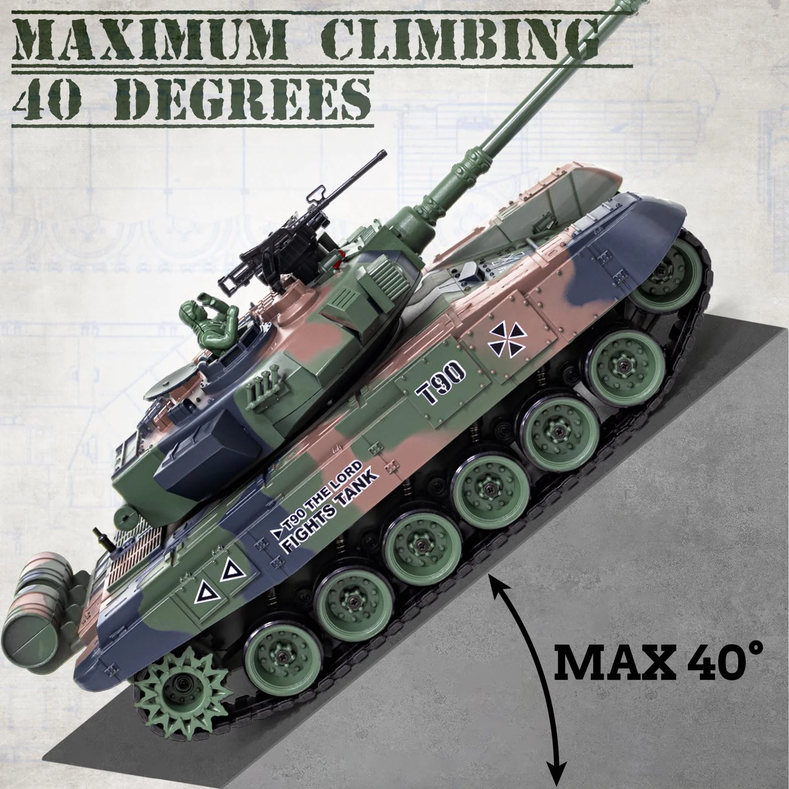 Supdex Czołg RC 1:18, 2,4 GHz RUS T-90 zdalnie sterowany model czołgu zabawki, armia bojowa z dymem, lekki dźwięk, przełącznik głośności, zabawka wojskowa dla dorosłych i dzieci, która strzela BBS