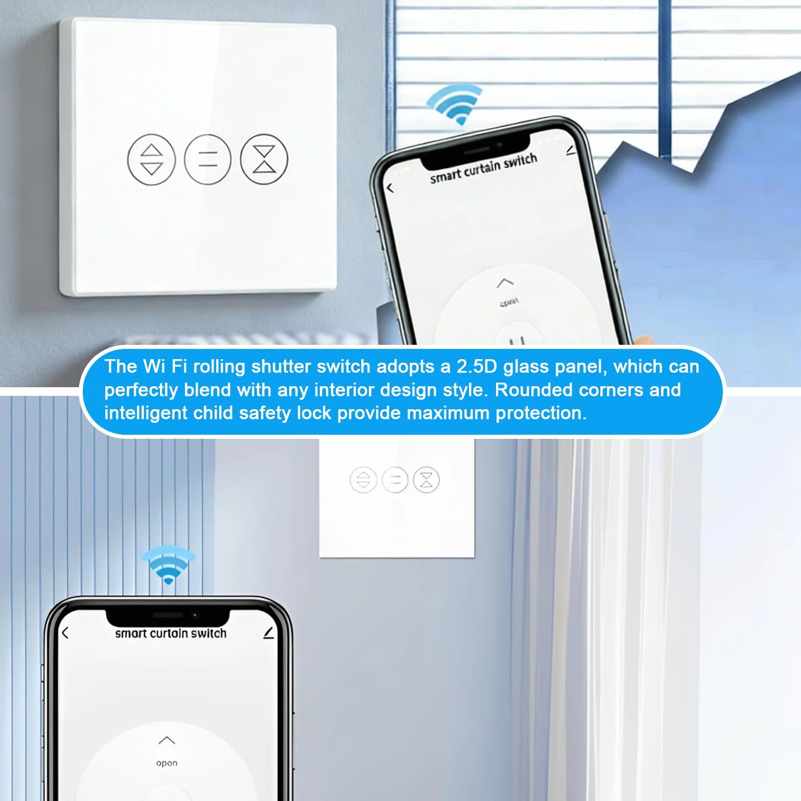 Biały | przełącznik rolety Wi-Fi, 86 mm x 86 mm, inteligentny przełącznik żaluzji LED, programator czasowy i sterowanie głosowe, kompatybilny z Siri, Alexa, Google Home