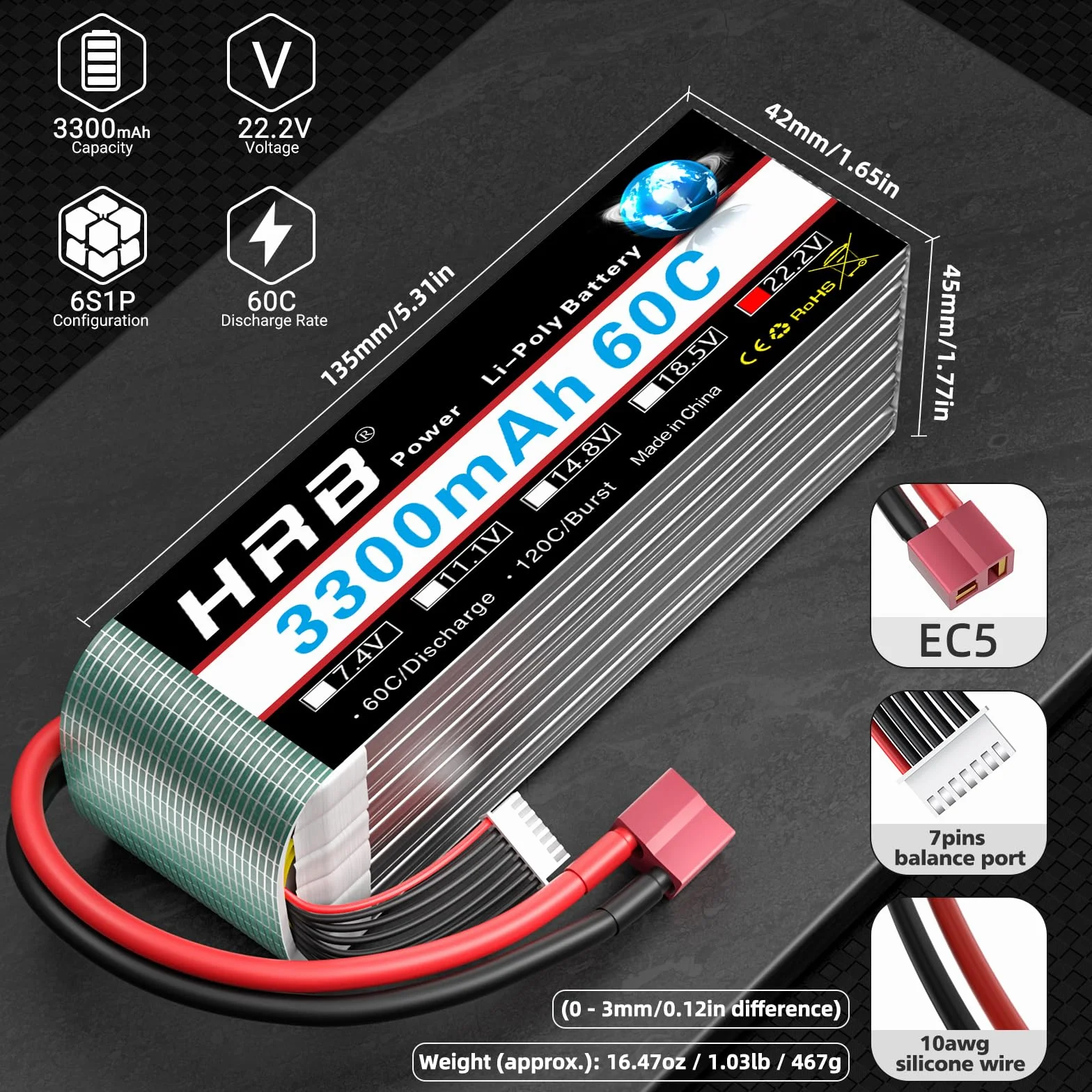 HRB 2 opakowania 6S 3300mAh 22,2 V 60C LiPo Akumulator z wtyczką do samochodów RC Car Boat Truck Heli Airplane (Dean T)