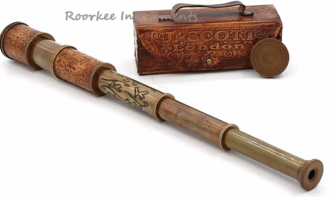 Roorkee Instruments (Indie) stempel pirat mosiądz Spyglass teleskop ze skórzaną torbą/marynarzami, dekoracja domu, pirat, kapitan, łódź, zabawka, prezent (35,6 cm, J. Scott)