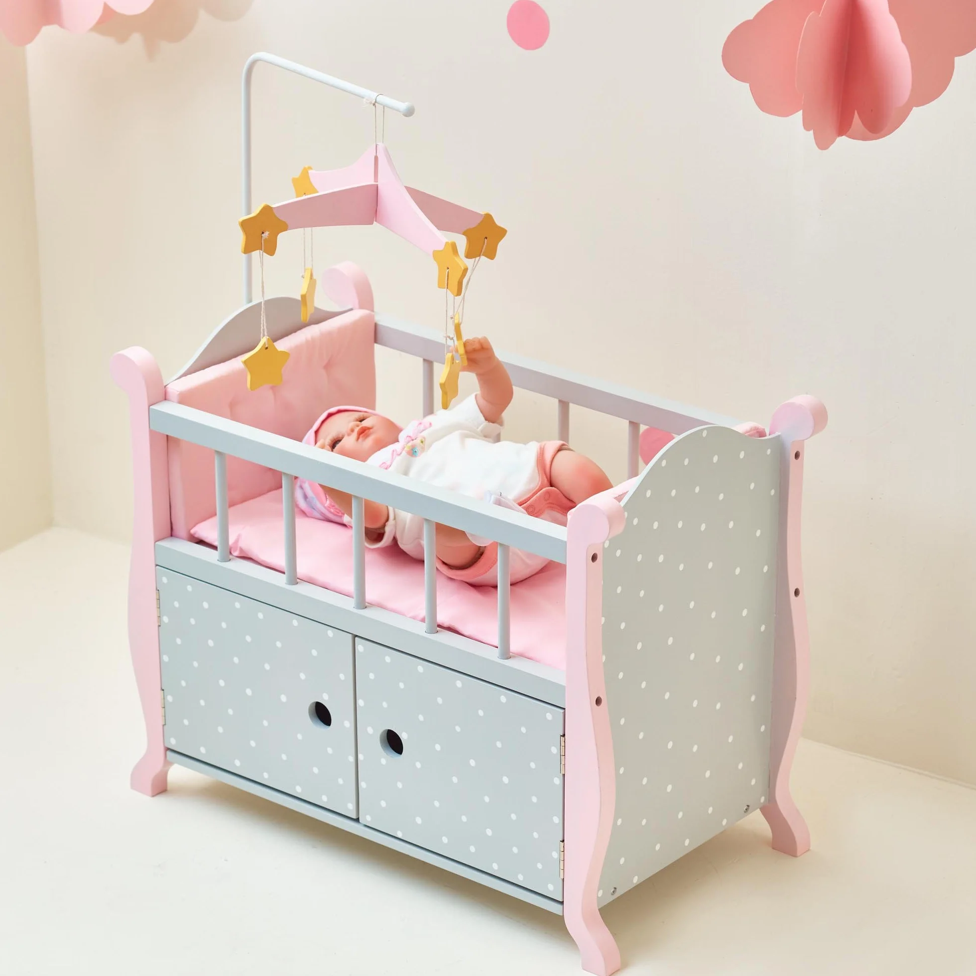 Olivia's Little World Szare ?ó?eczko i Schowek dla Lalek 45 cm Drewniane Meble do Zabawy TD-0206AG