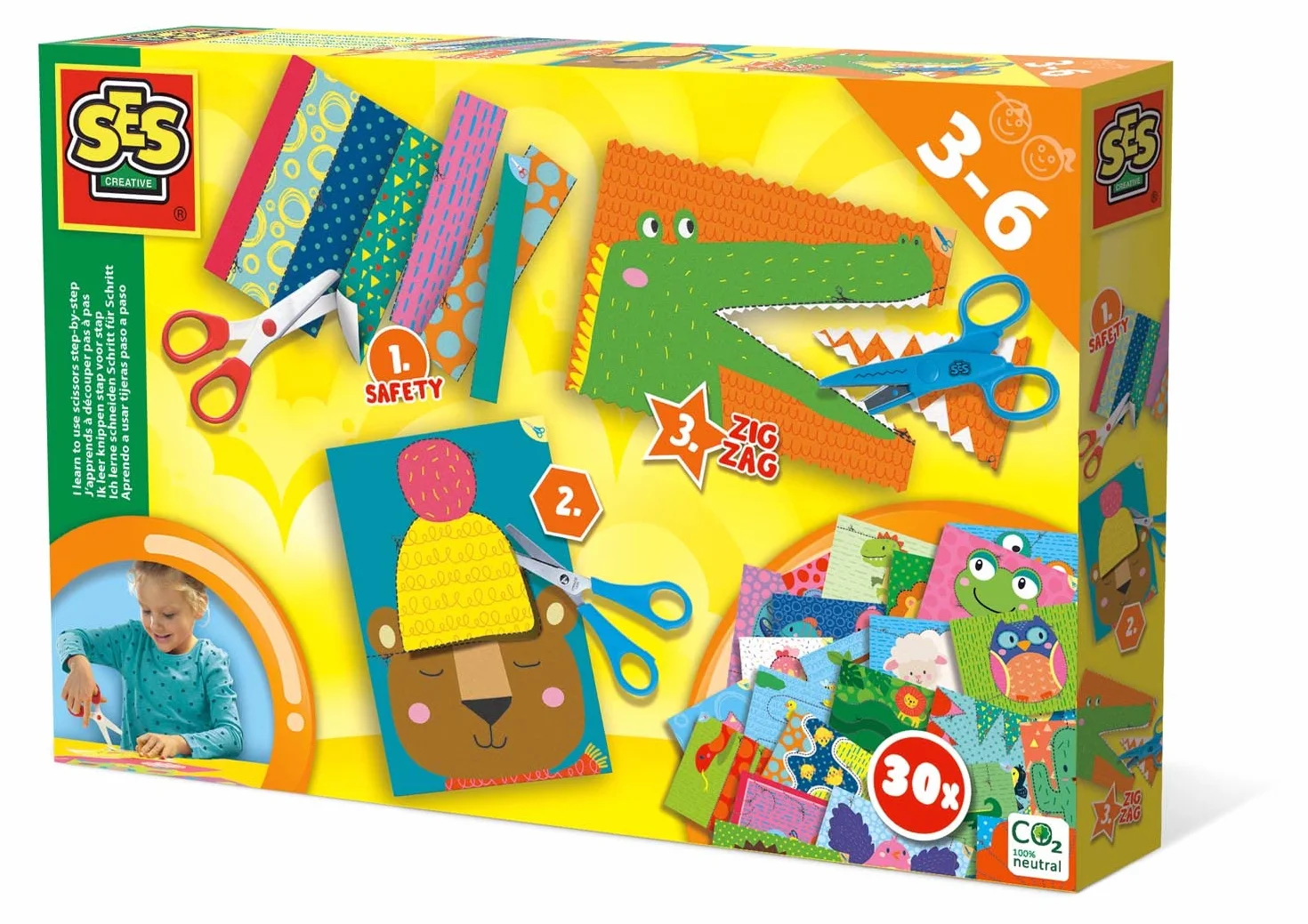 SES Creative Uczę się wycinać krok po kroku Edukacyjny zestaw do krojenia 3-6 lat 3 nożyczki bezpieczeństwa 30 kart do cięcia