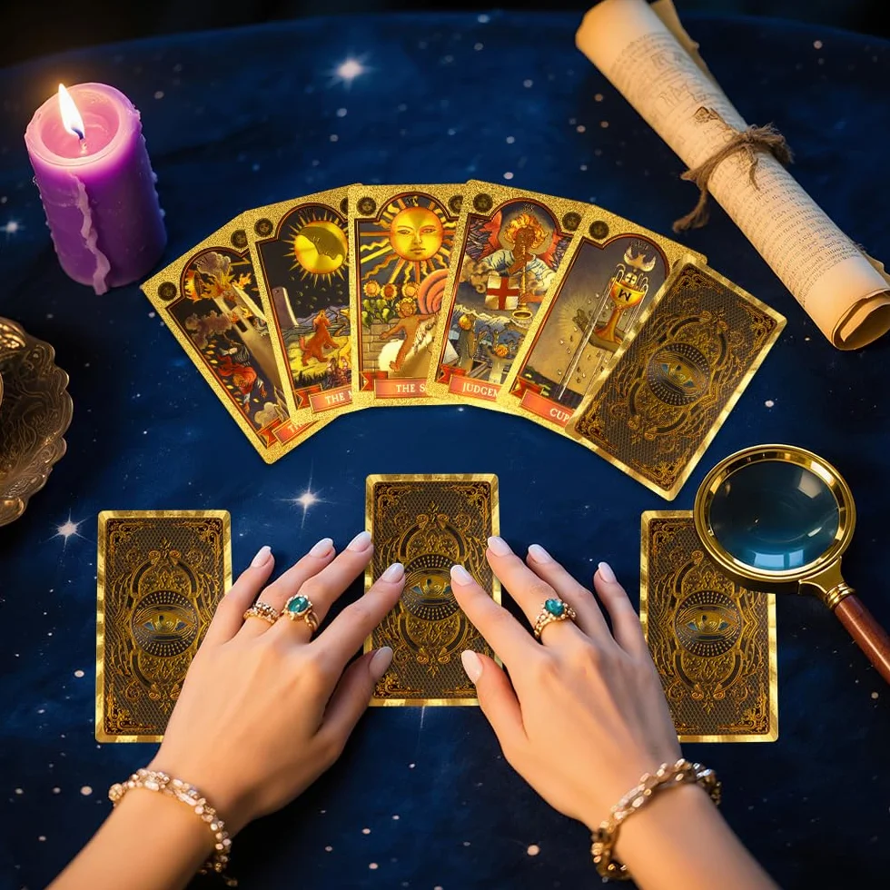 Zestaw tarota, 78+2 karty tarota, złote oko Marsylia Tarot z przewodnikiem, wróżbiarstwo tarota, karty tarota PCV, wodoodporne i bez fałd, zestaw tarota dla początkujących (złoty)