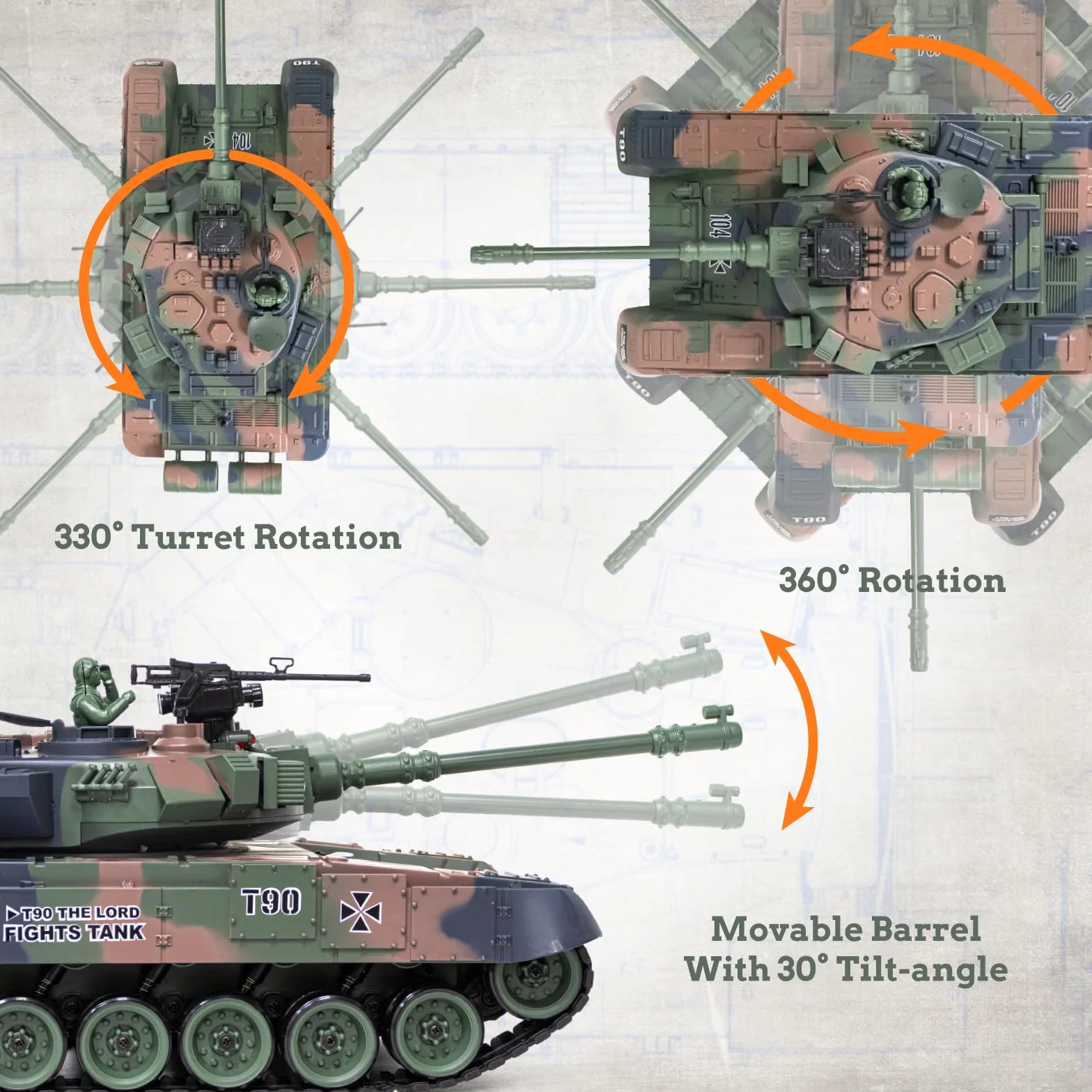 Supdex Czołg RC 1:18, 2,4 GHz RUS T-90 zdalnie sterowany model czołgu zabawki, armia bojowa z dymem, lekki dźwięk, przełącznik głośności, zabawka wojskowa dla dorosłych i dzieci, która strzela BBS