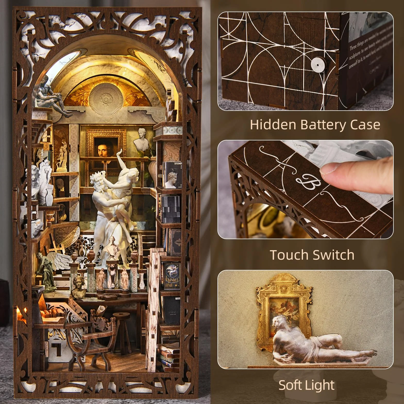 MiniCity Book Nook zestaw do budowania, miniaturowy domek dla lalek 3D, kącik na książki, zestaw z oświetleniem LED i osłoną przeciwpyłową - Bernini's Workshop