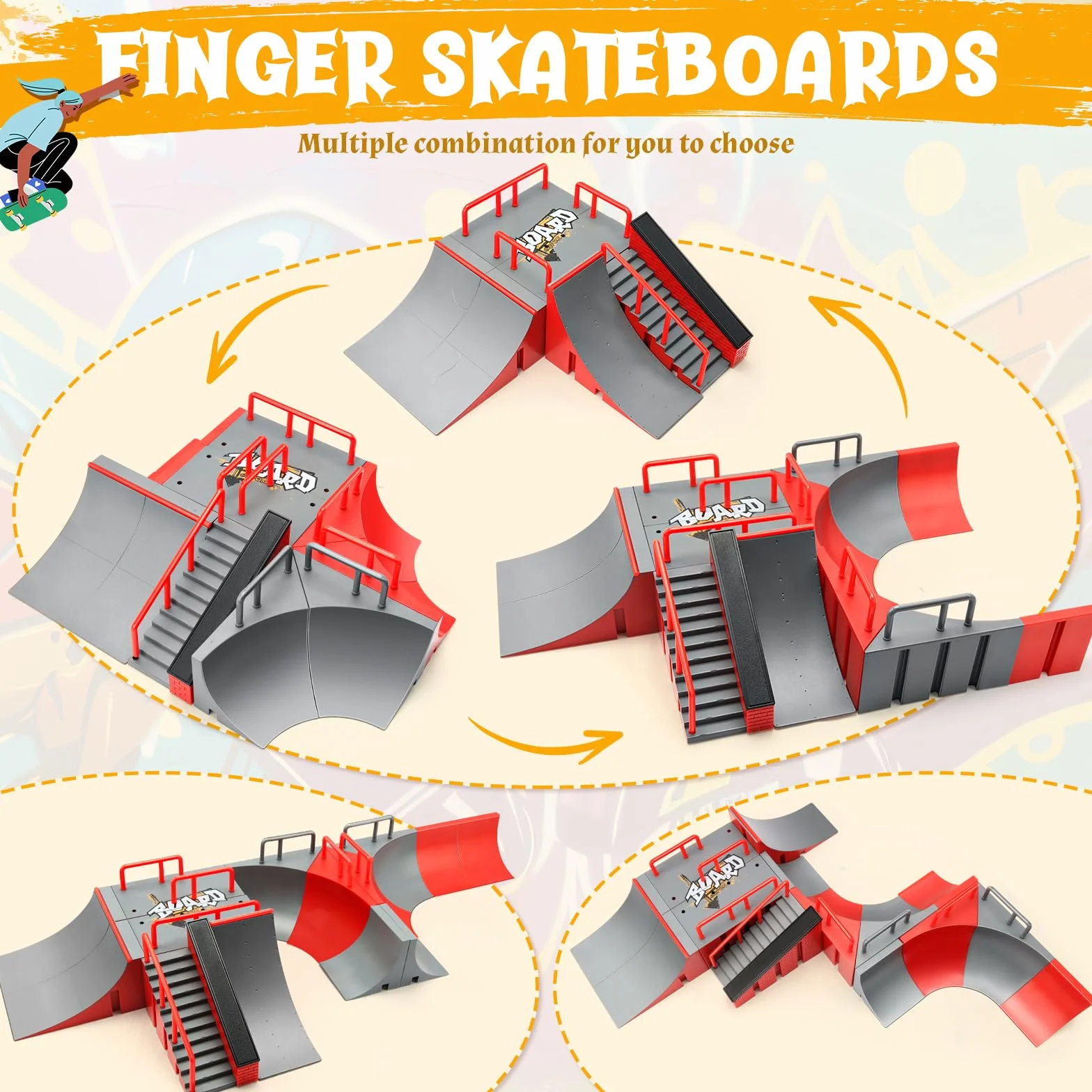 MOMSIV Mini Finger deskorolka i zestaw akcesoriów do ramp, możliwość dopasowania i budowania, zestaw ramp z deską na palec, skate park, pokład, ciężarówka, rampa, zestaw zabawkowy dla dzieci od 6 lat