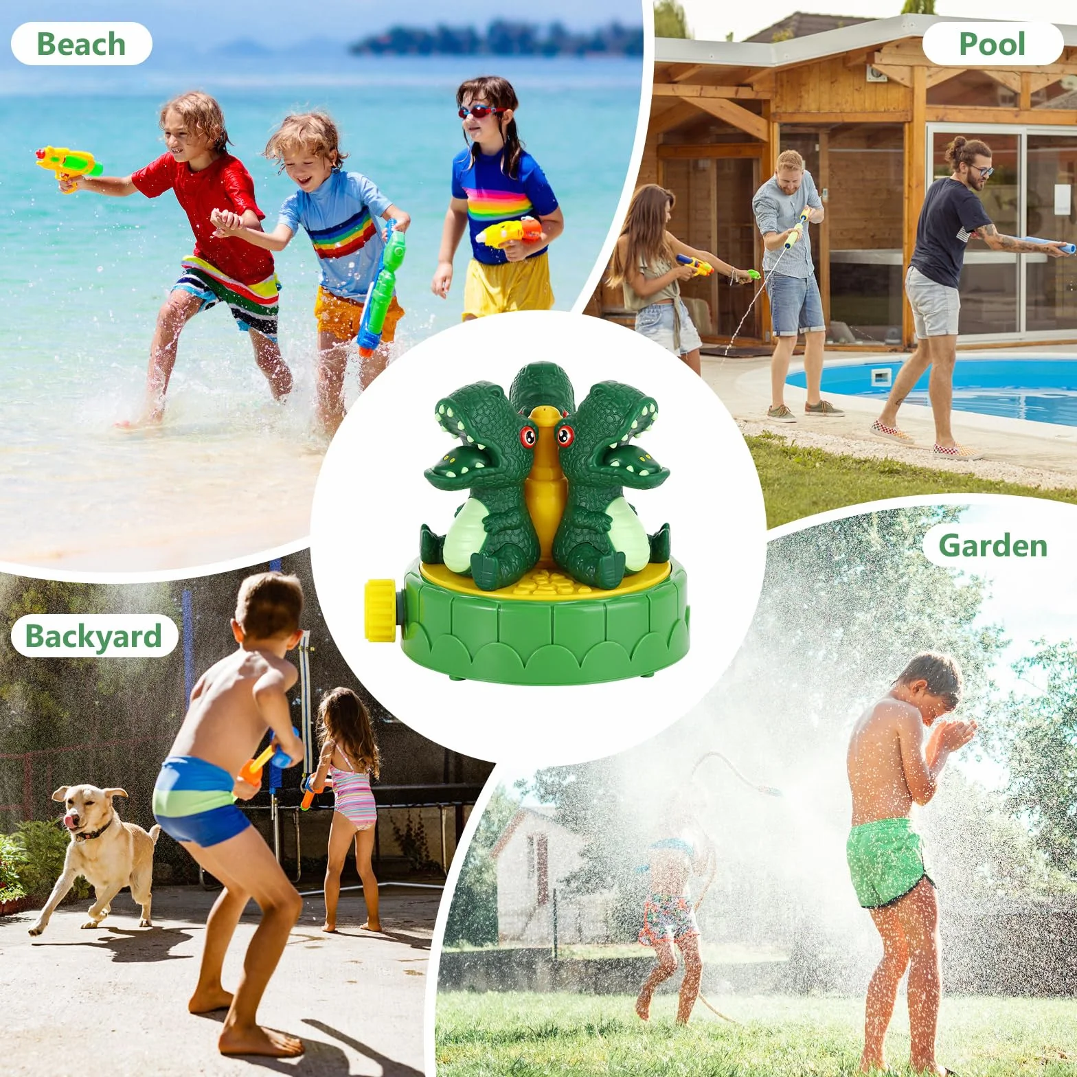 MoKo Dinosaur Sprinkler for Kids, Outdoor Water Toy Spray with 2 Hose Clamps 3 Nozzles, Summer Play for Backyard Lawn