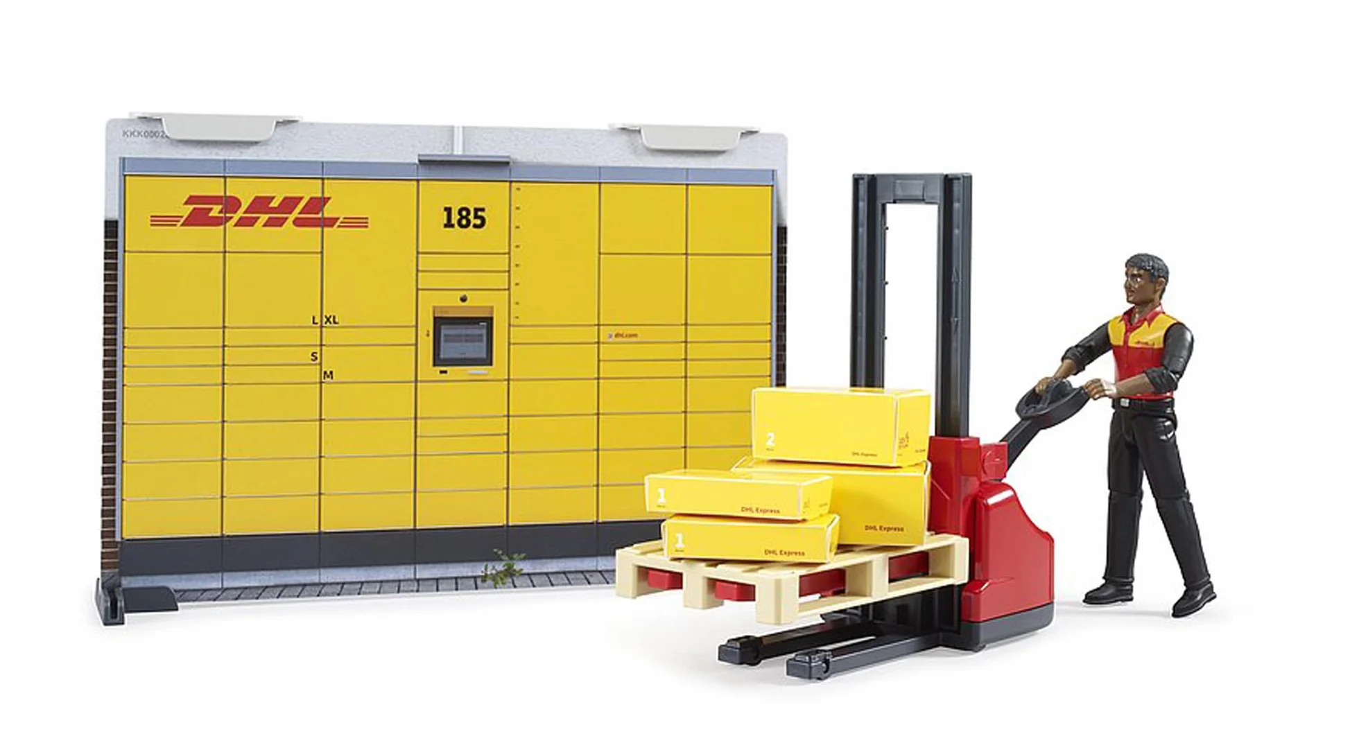 bruder 62251 - Bworld DHL Paketshop z pracownikiem DHL - 1:16 Zabawka, Akcesoria, Poczta, Listonosz, Obsługa paczek, Logistyka, Wysyłka, Zestaw do zabawy