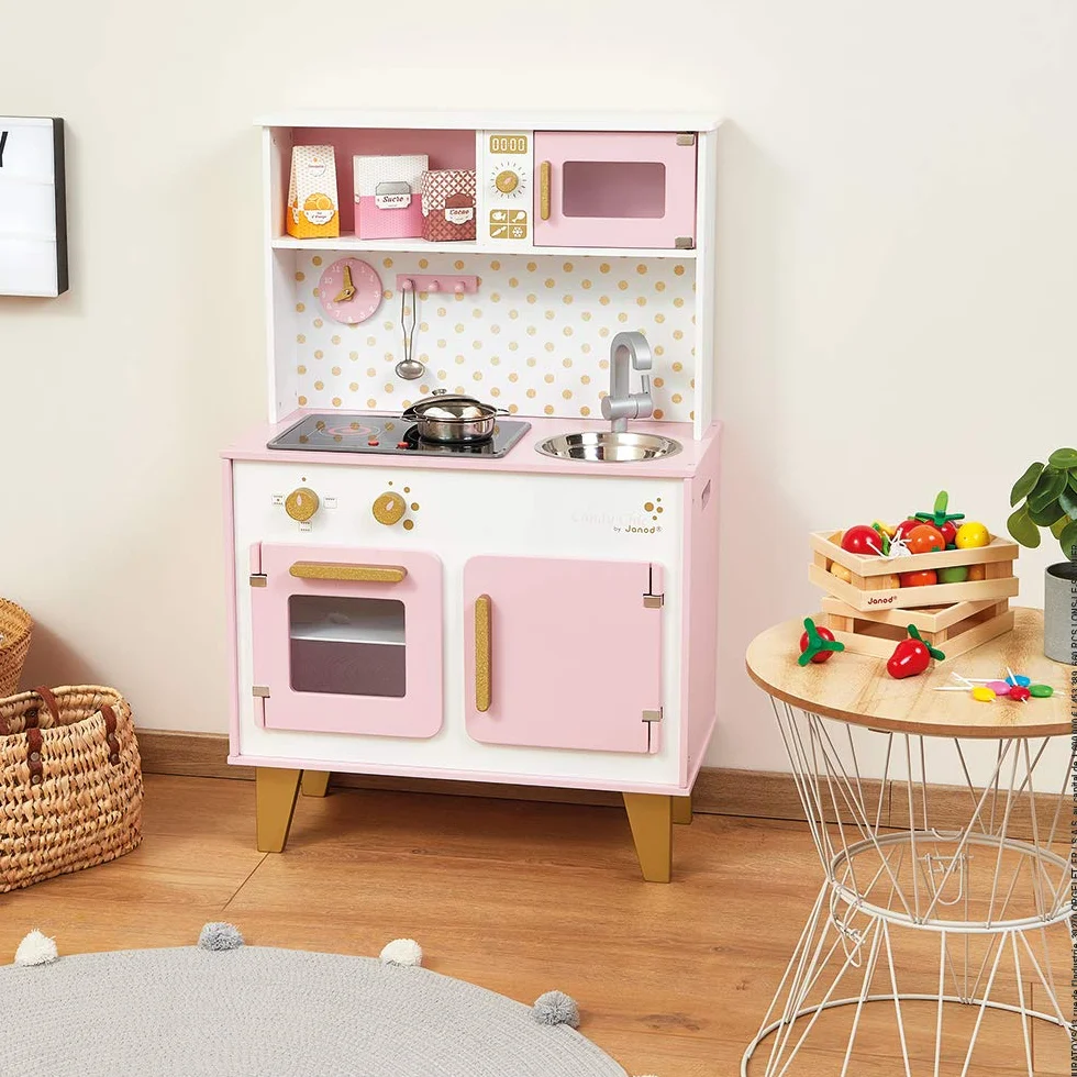 Janod - Candy Chic Big Wooden Cooker for Children - Equipped with Fridge and Microwave, Sound and Light - Pretend Play - 6 Accessories Included - For children from the Age of 3, J06554, Pink and White