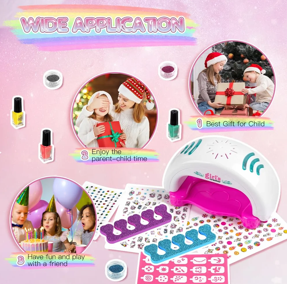 Aomig Zestaw do manicure dla dziewczyn, zestaw farb do paznokci, zestawy do salonu Manicure dla dzieci z suszarką do paznokci naklejki brokatowe pilniki do paznokci na urodziny Boże Narodzenie Dzień